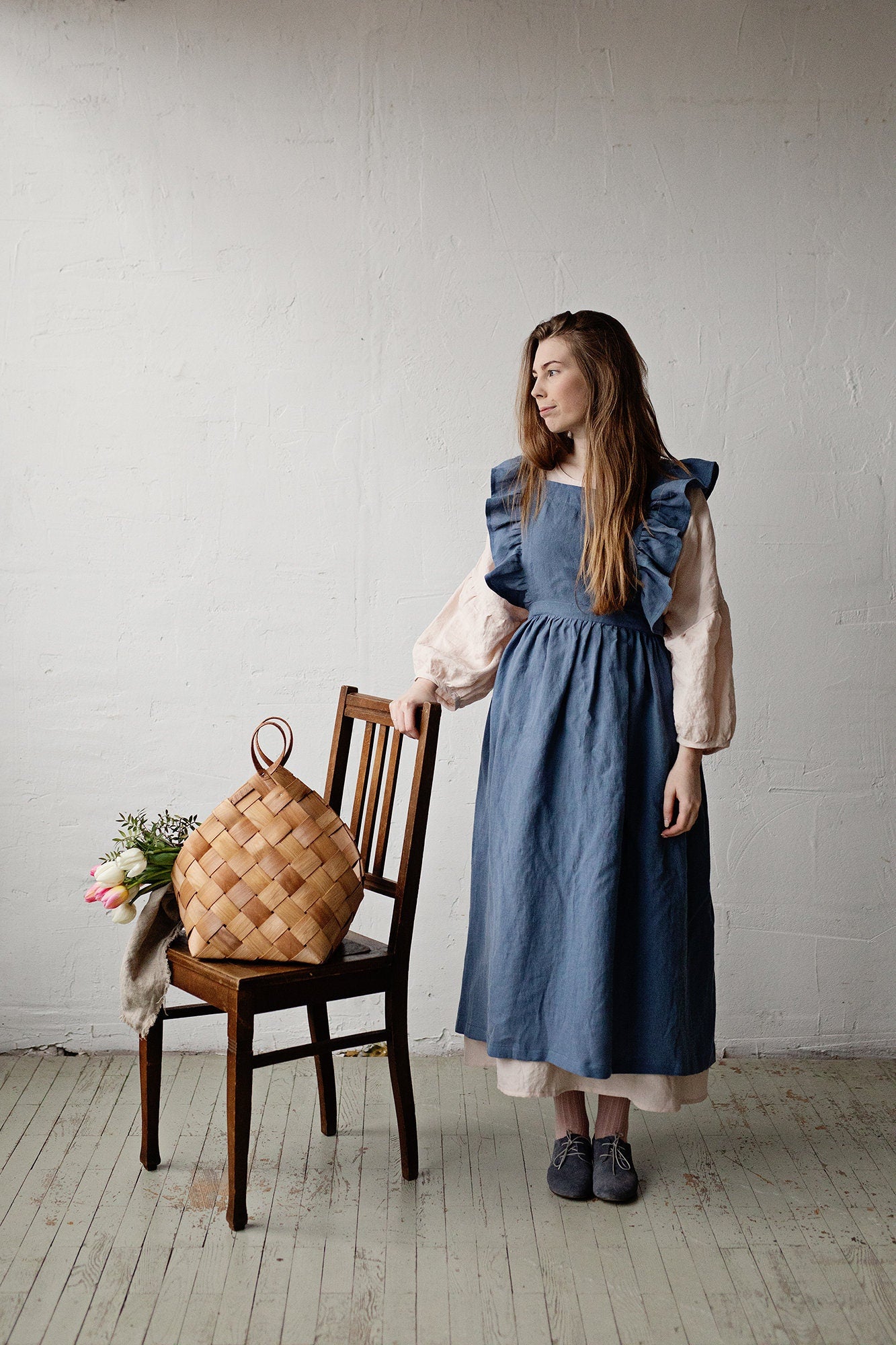 Dusty Blue Long Vintage Linen Apron
