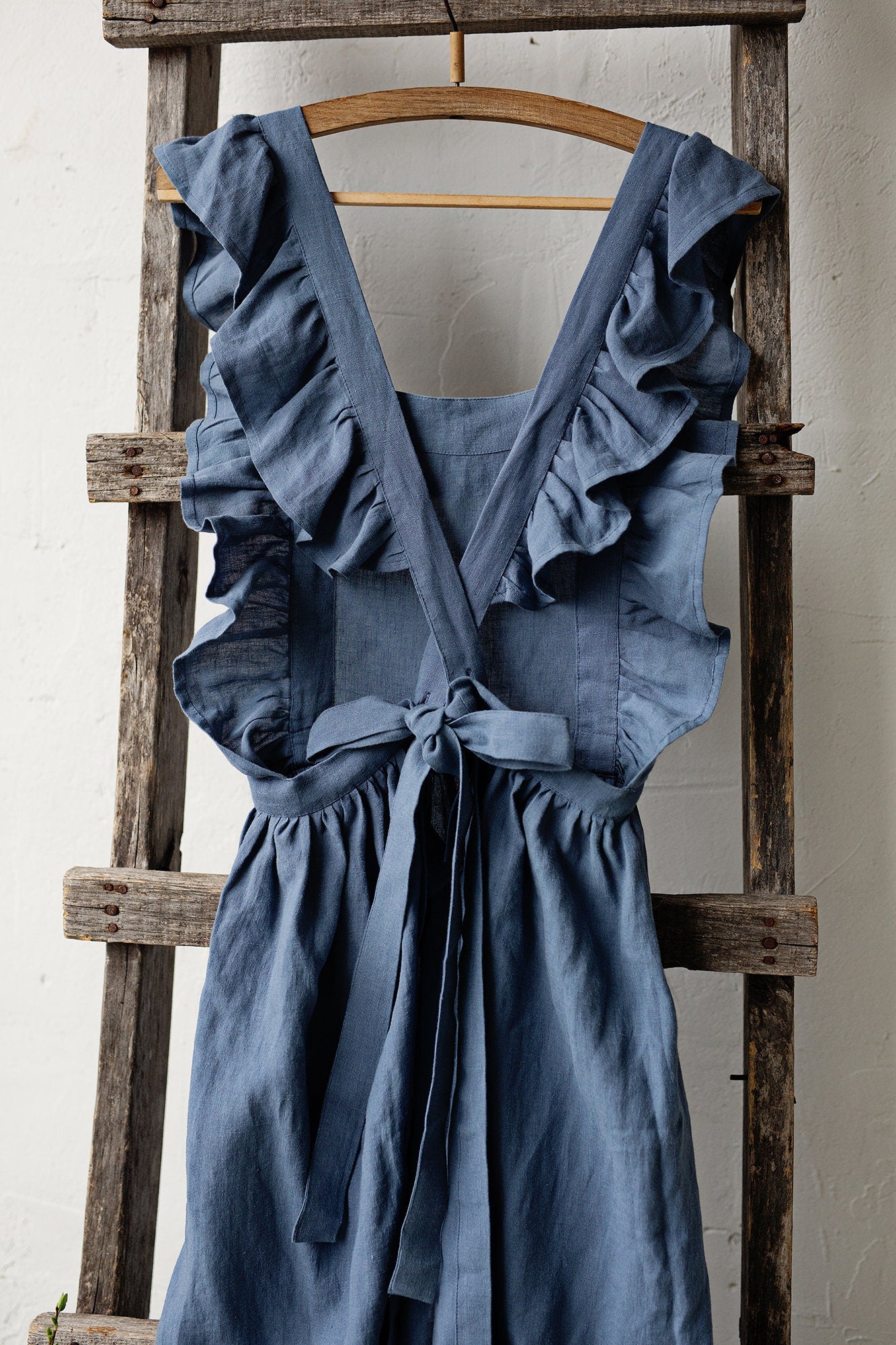 Dusty Blue Long Vintage Linen Apron