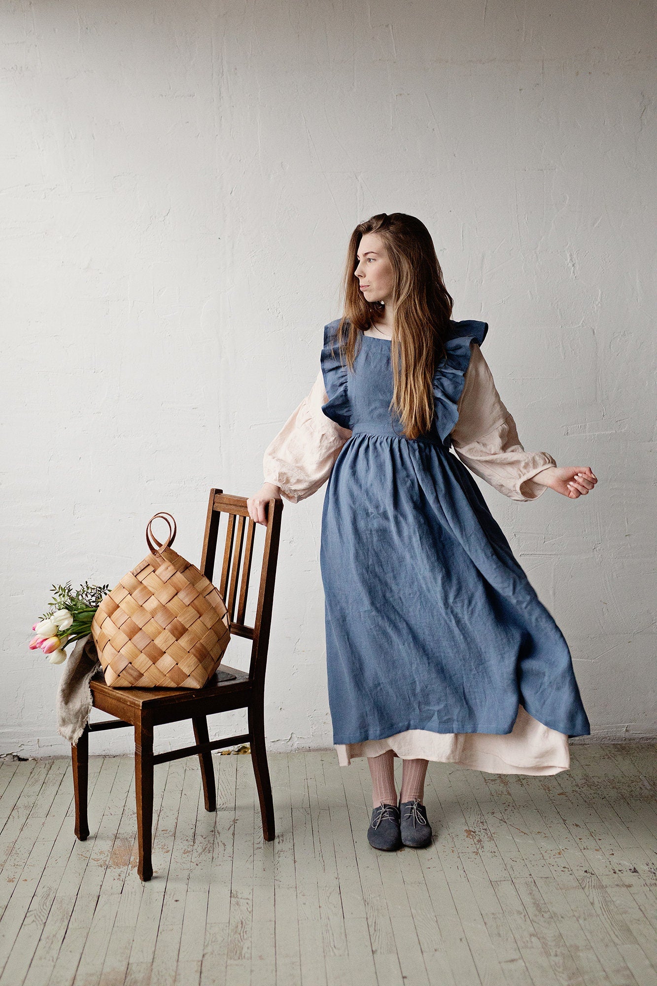 Dusty Blue Long Vintage Linen Apron