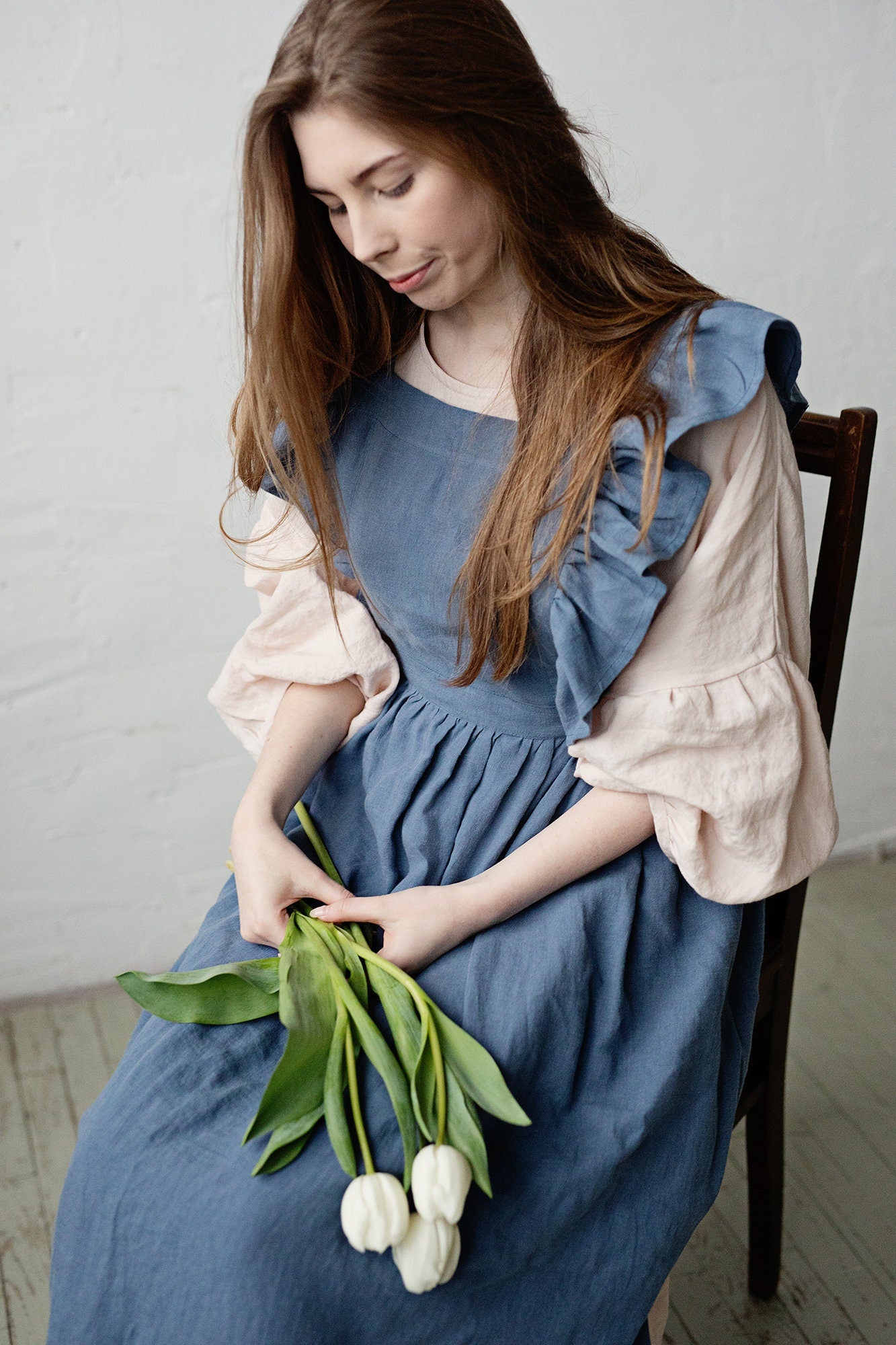 Dusty Blue Long Vintage Linen Apron