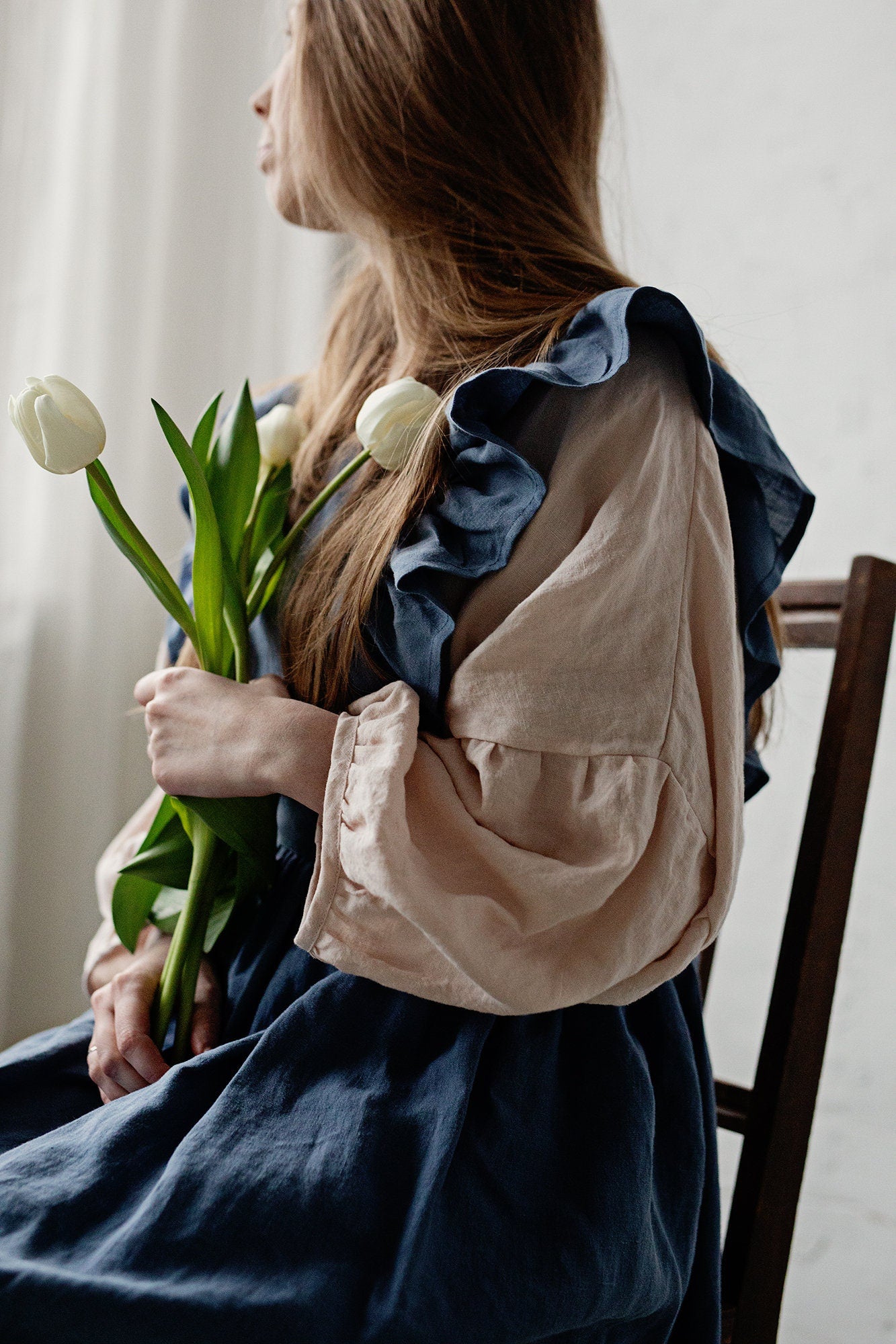 Dusty Blue Long Vintage Linen Apron