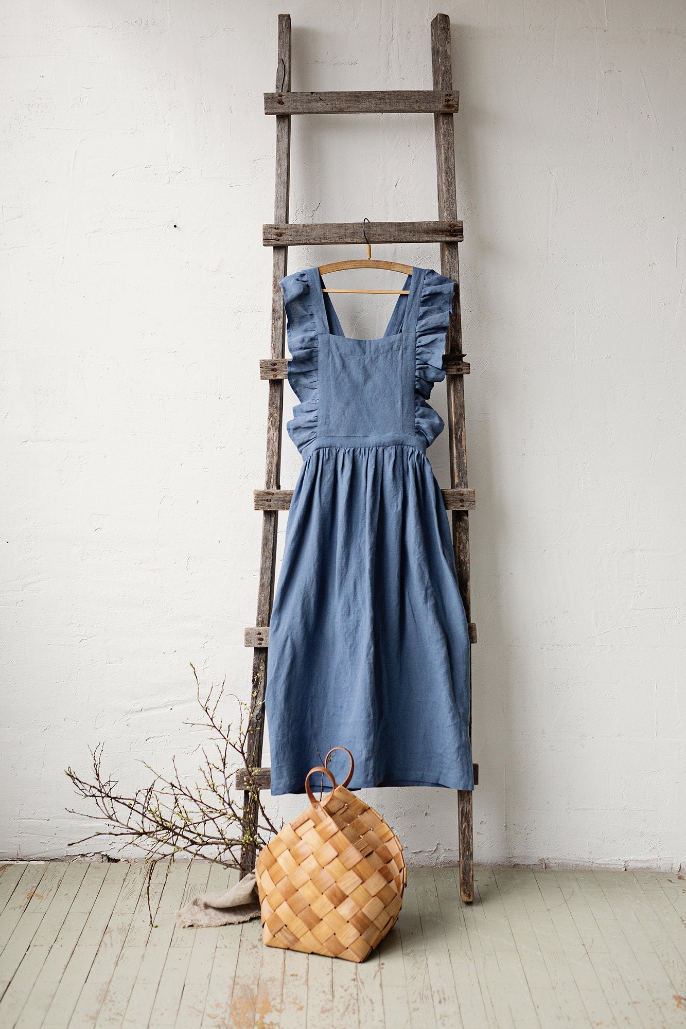 Dusty Blue Long Vintage Linen Apron