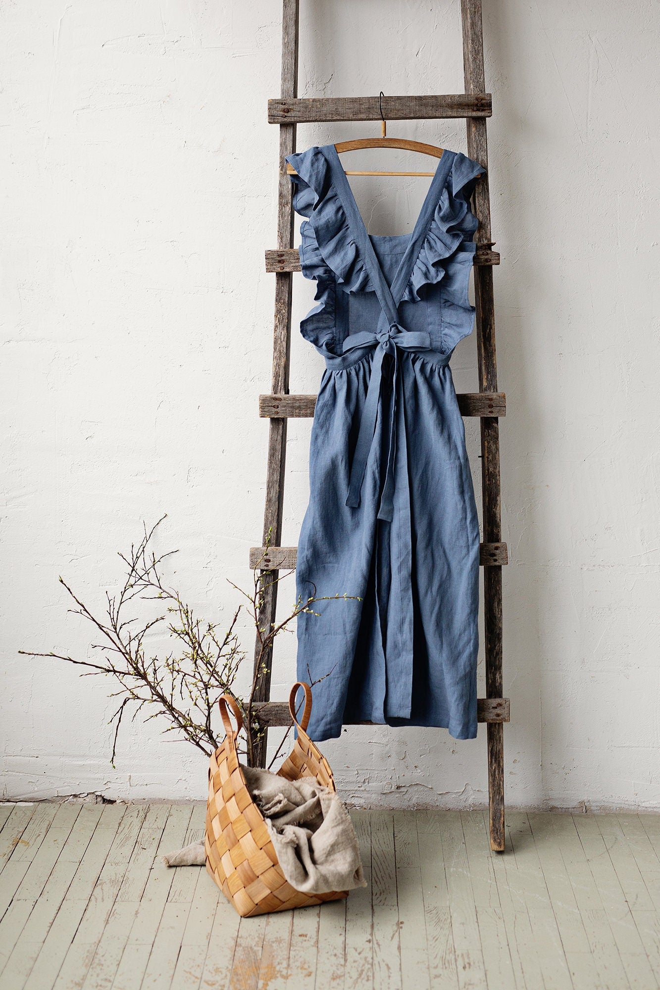 Dusty Blue Long Vintage Linen Apron