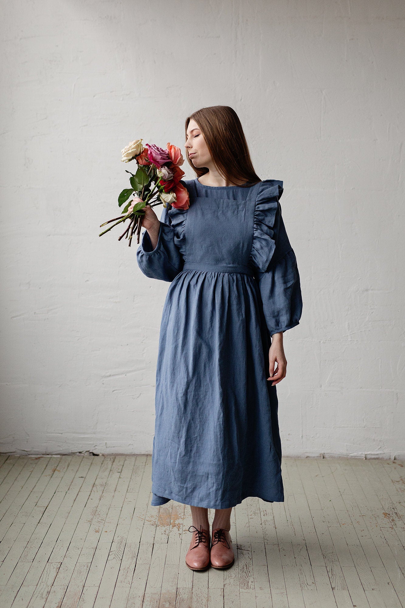 Dusty Blue Long Vintage Linen Apron
