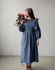 Dusty Blue Long Vintage Linen Apron