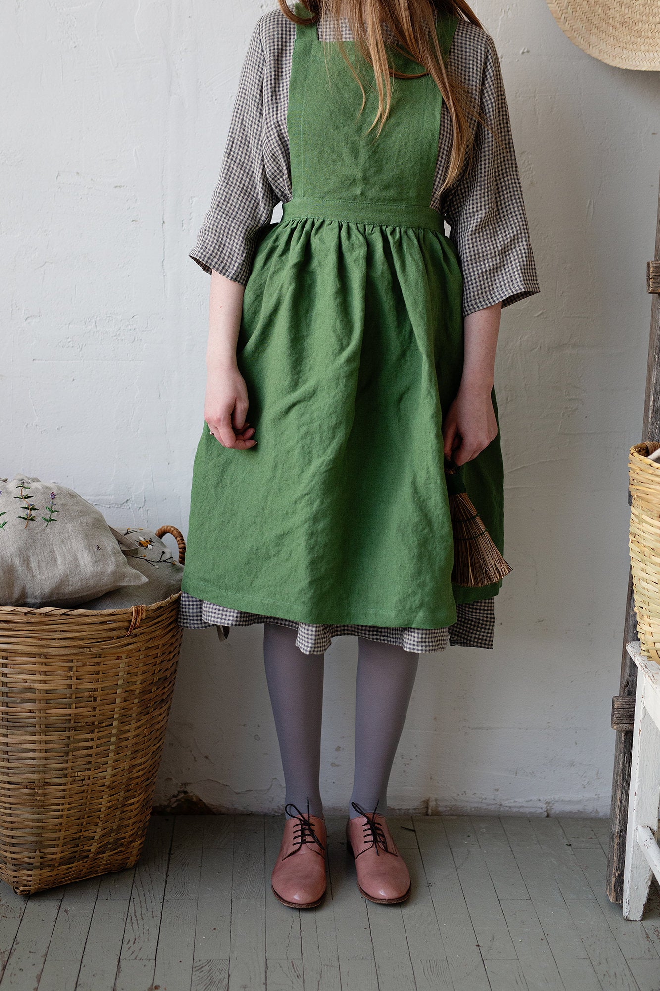 Apple Green Midi Cross Back Linen Pinafore