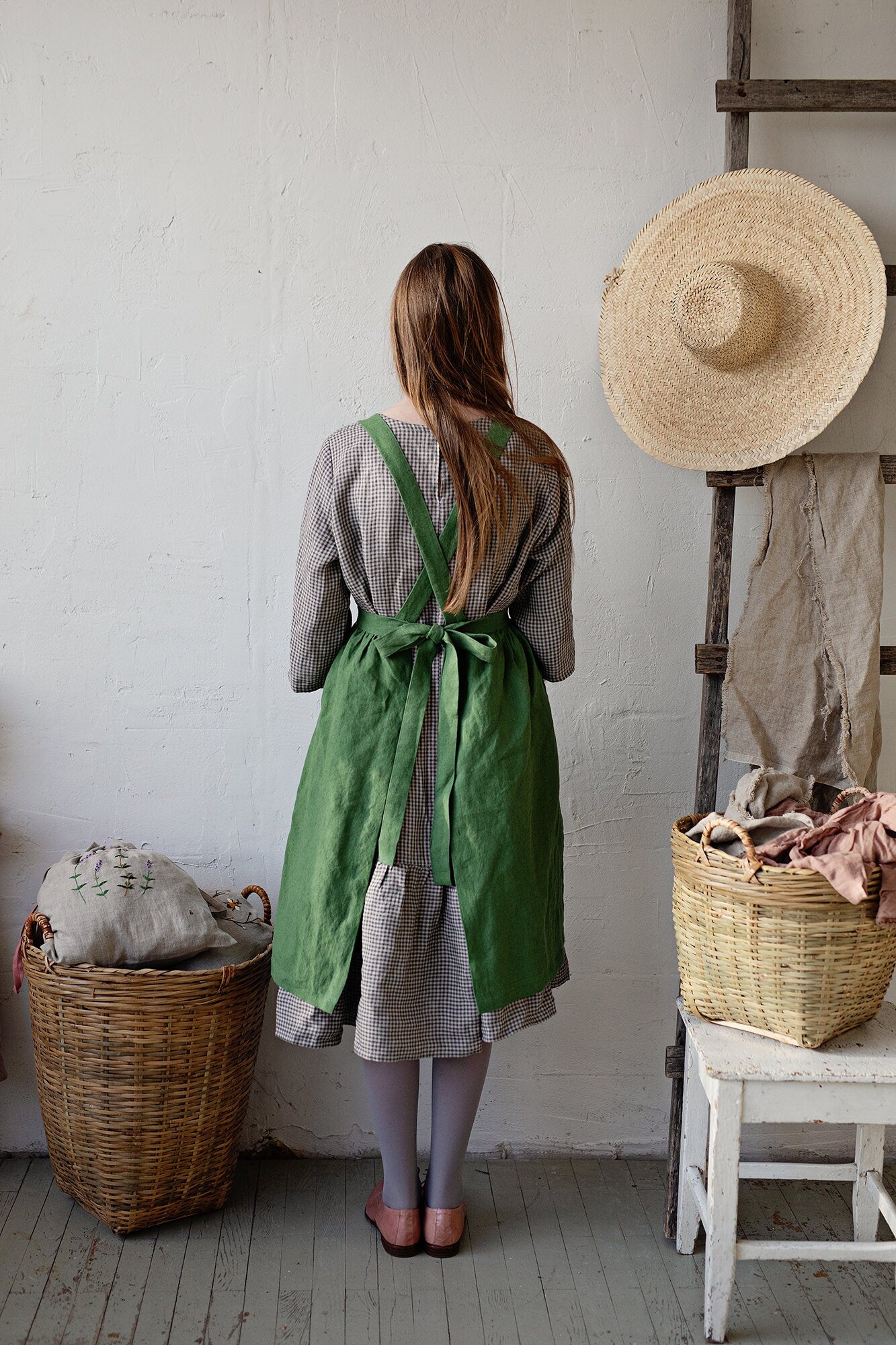 Apple Green Midi Cross Back Linen Pinafore