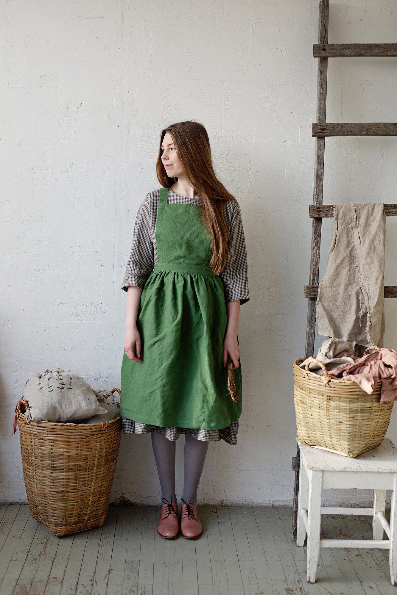 Apple Green Midi Cross Back Linen Pinafore