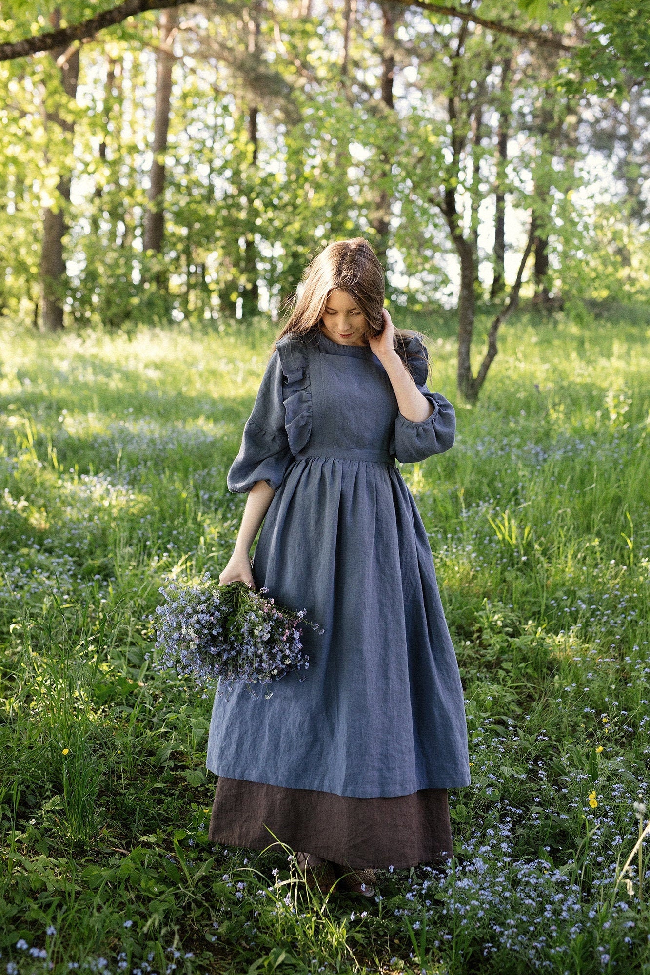 Dusty Blue Long Vintage Linen Apron