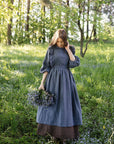 Dusty Blue Long Vintage Linen Apron