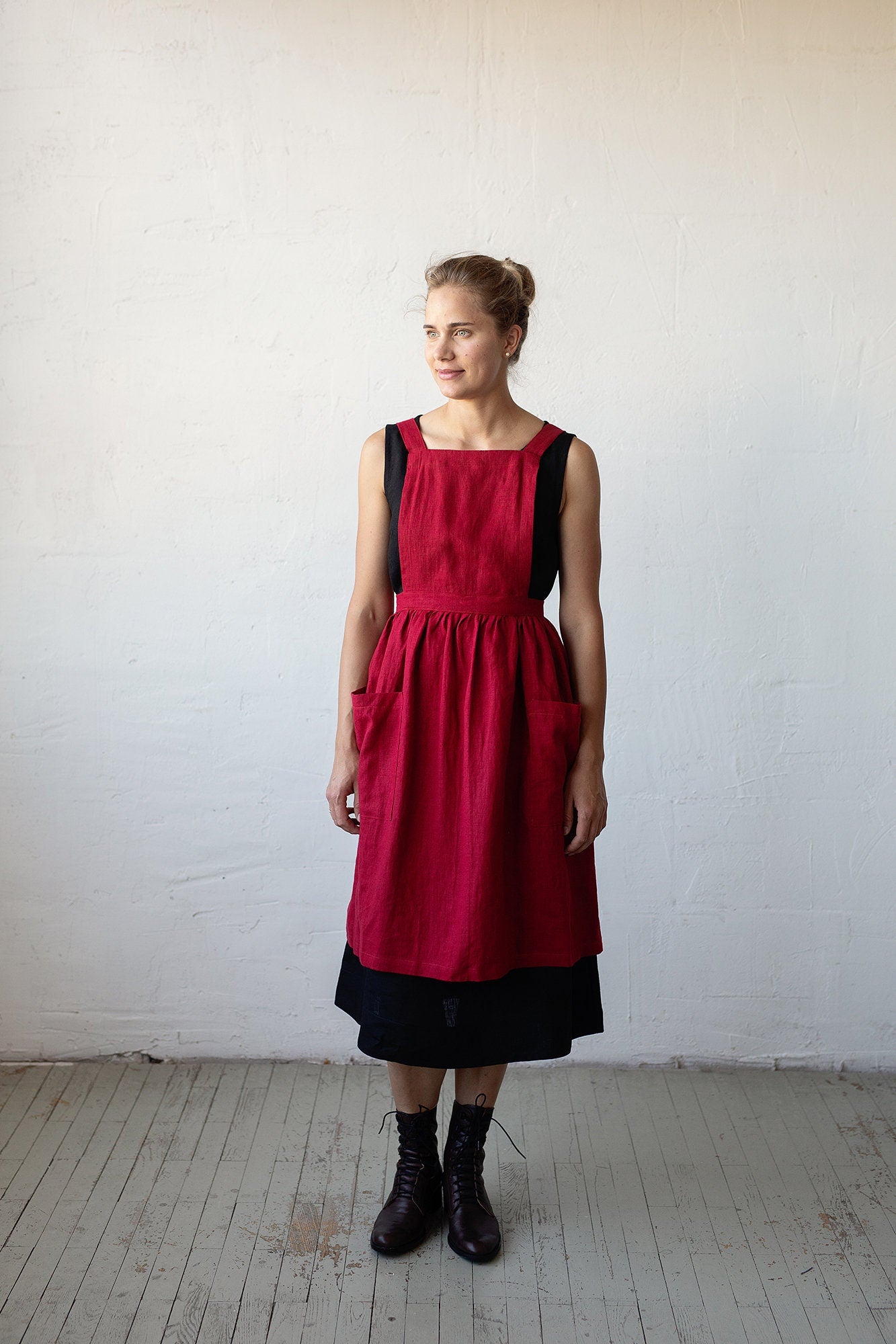 Cherry Midi Cross Back Linen Pinafore