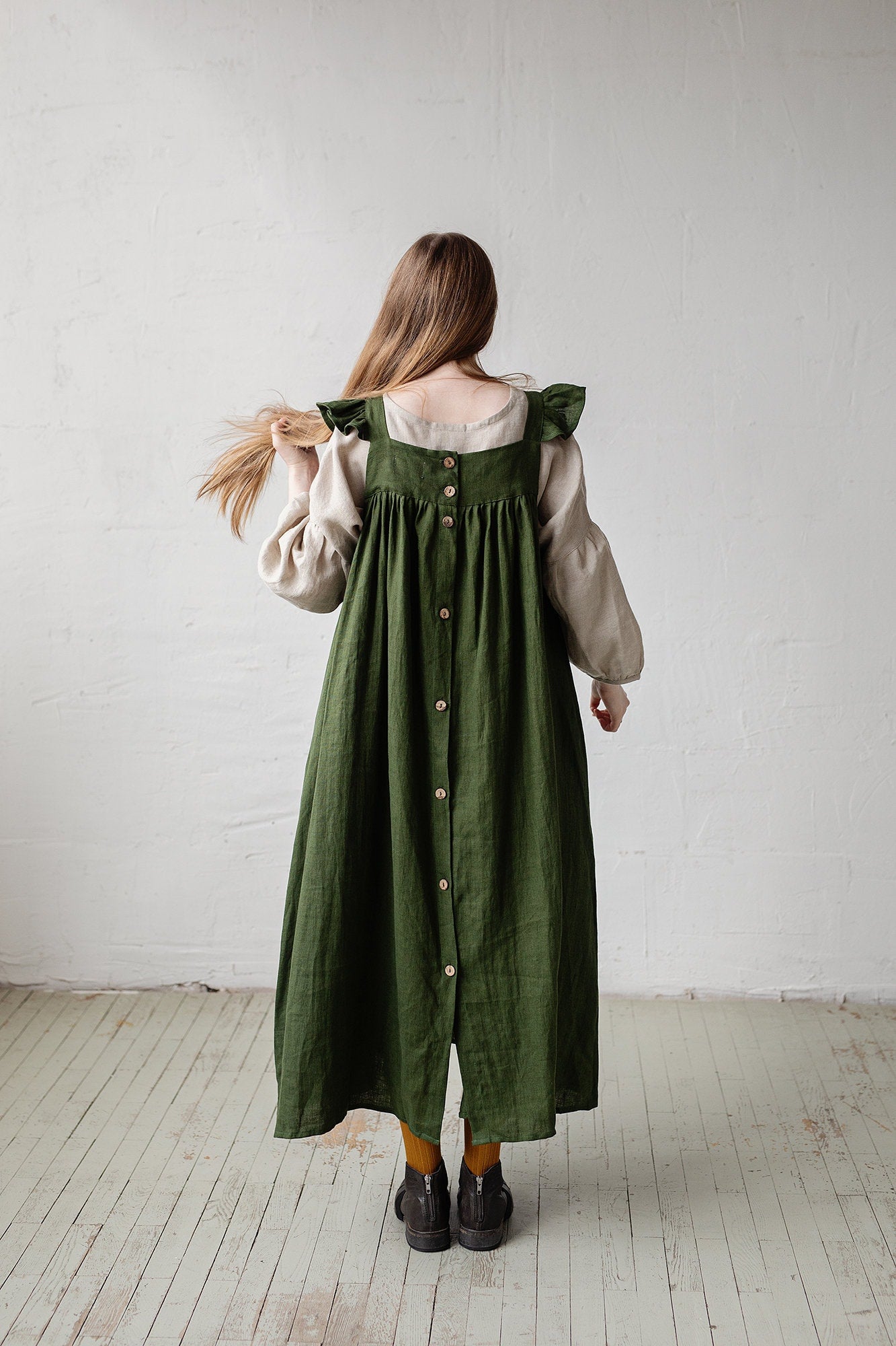 Forest Green Prairie Linen Dress allthebeautifullinen