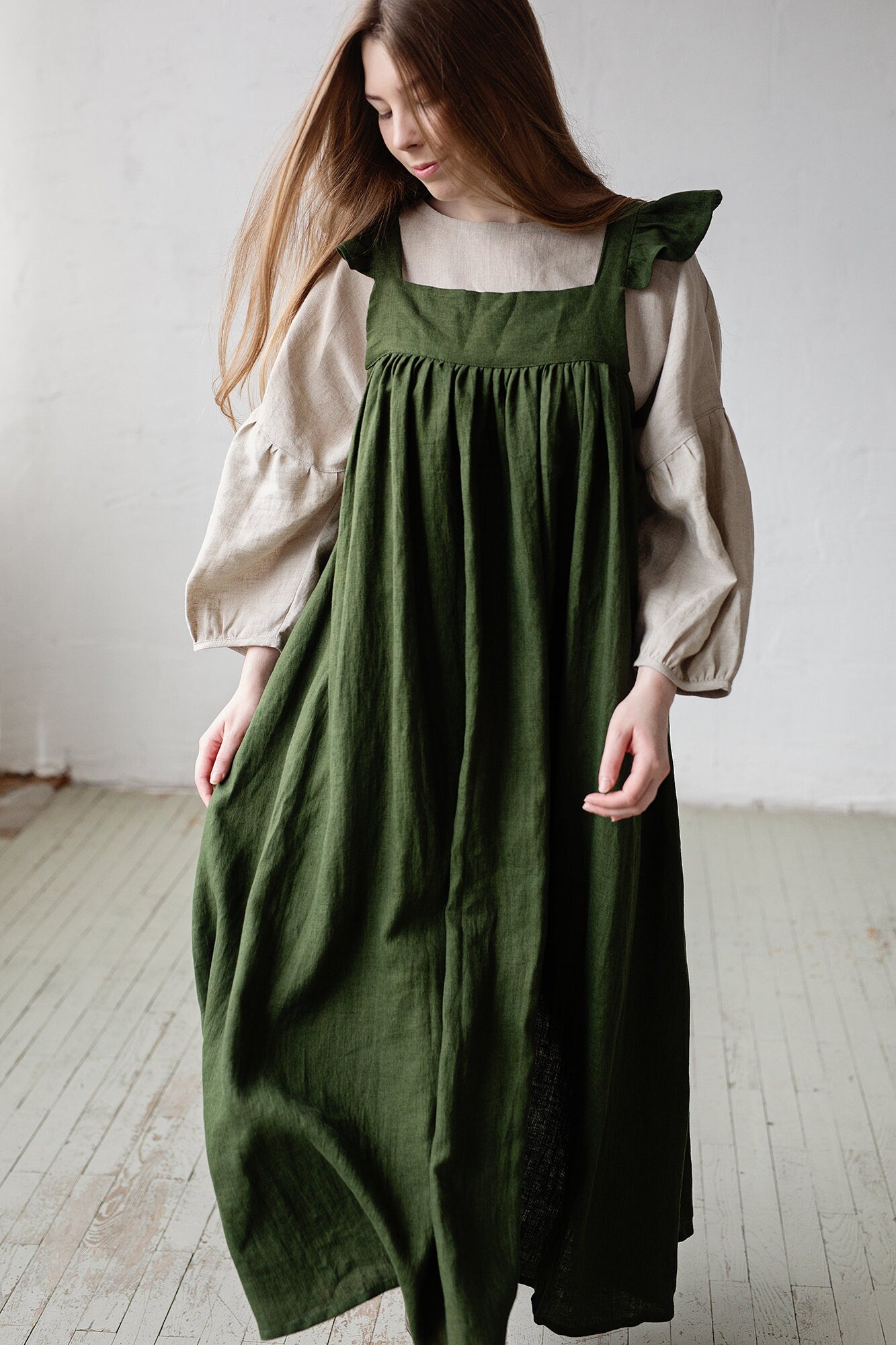 Forest Green Prairie Linen Dress allthebeautifullinen Forest Green Prairie Linen Dress allthebeautifullinen