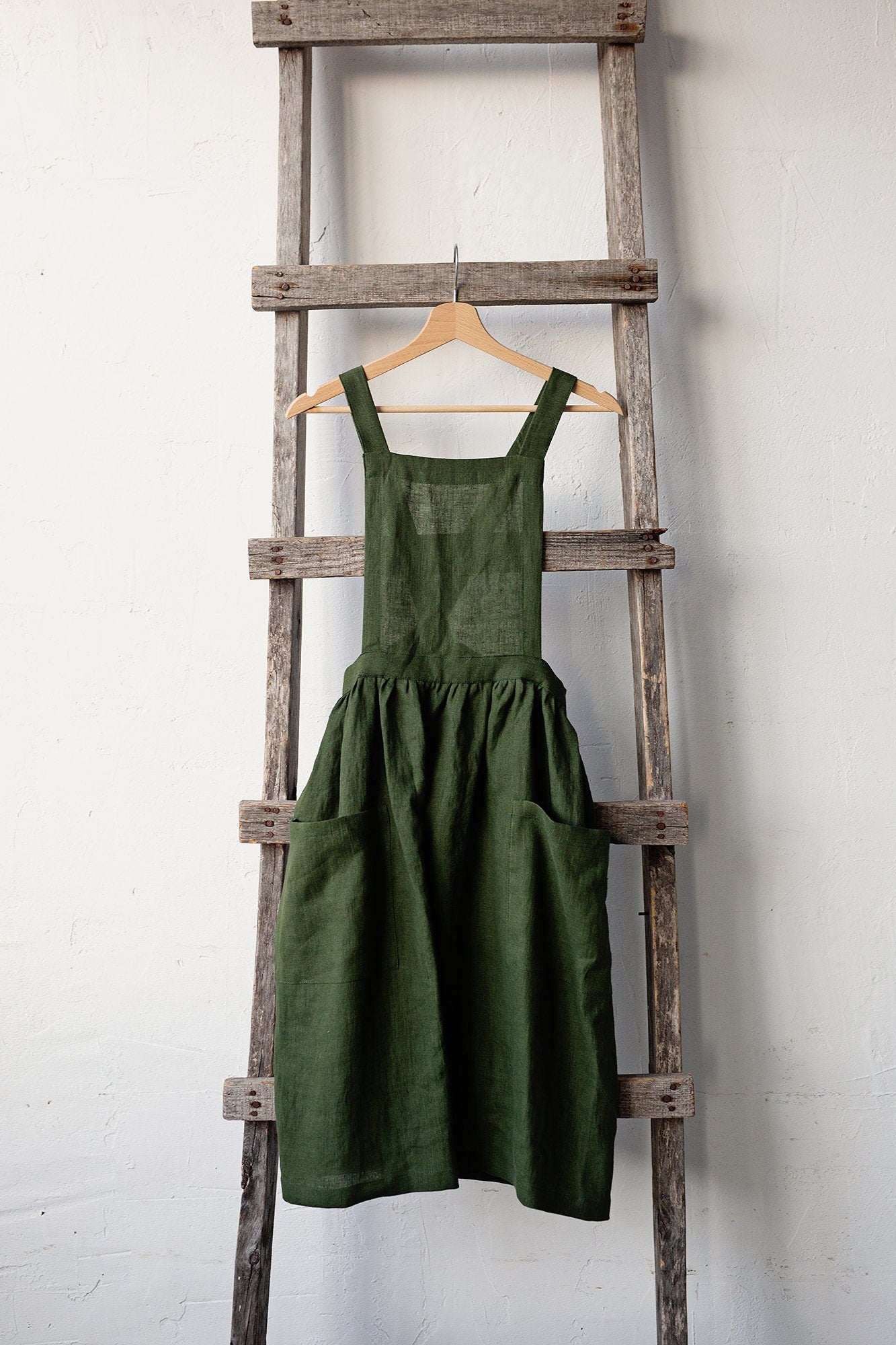 Forest Green Midi Cross Back Linen Pinafore