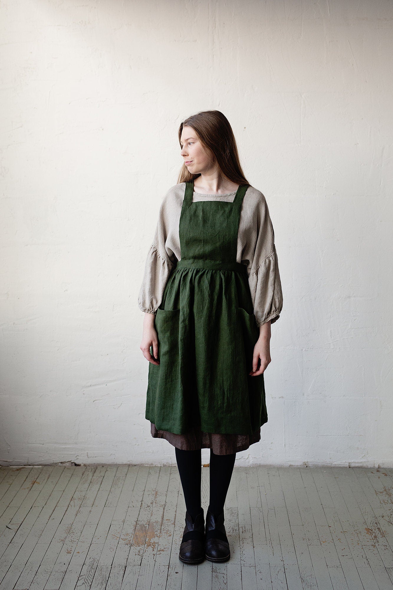 Forest Green Midi Cross Back Linen Pinafore