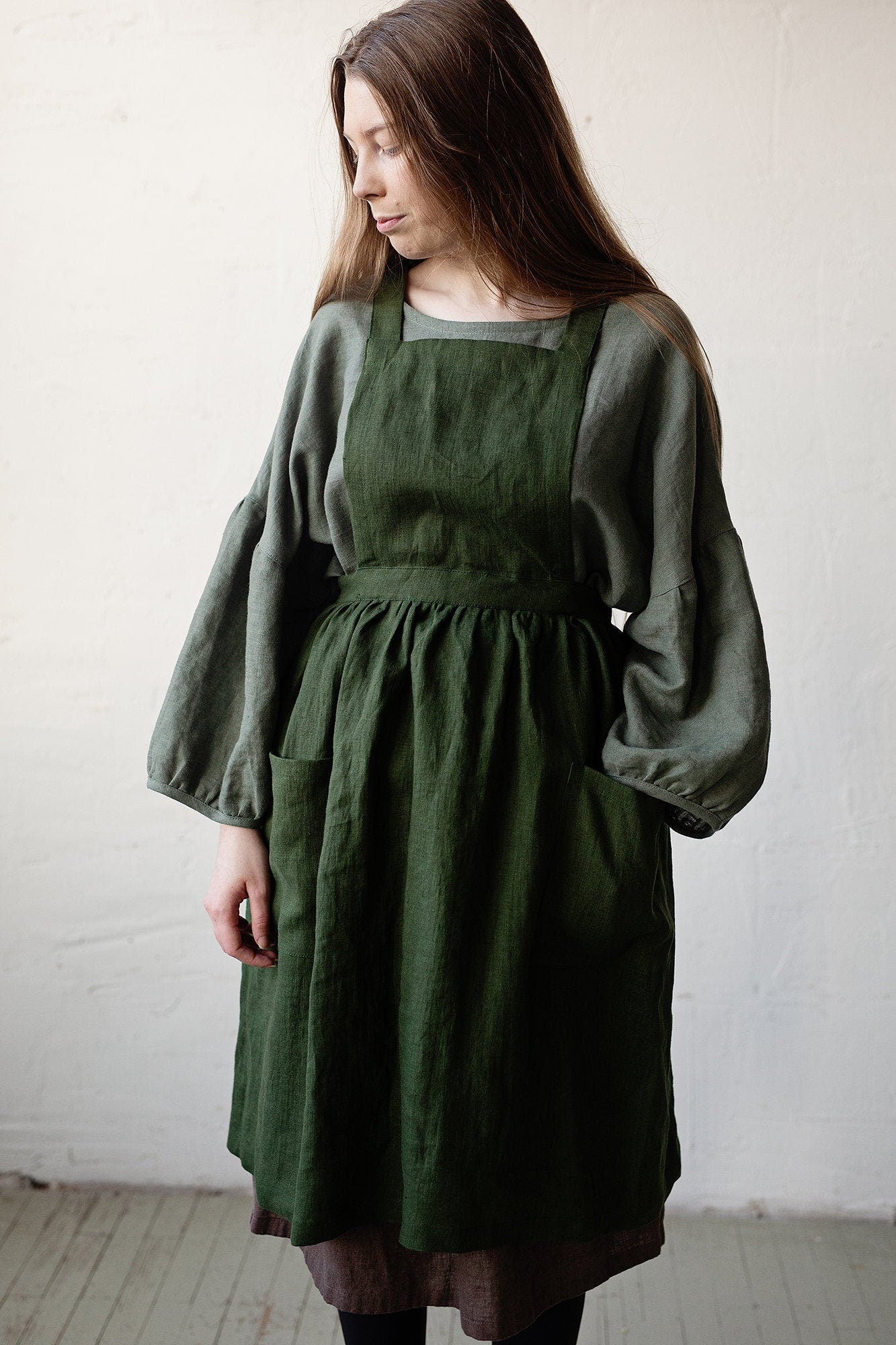Forest Green Midi Cross Back Linen Pinafore