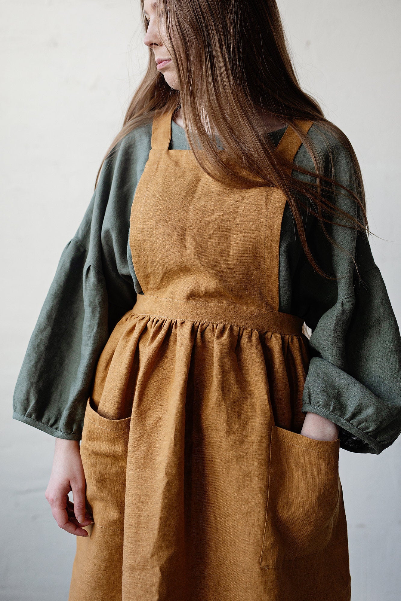 Mustard Midi Cross Back Linen Pinafore