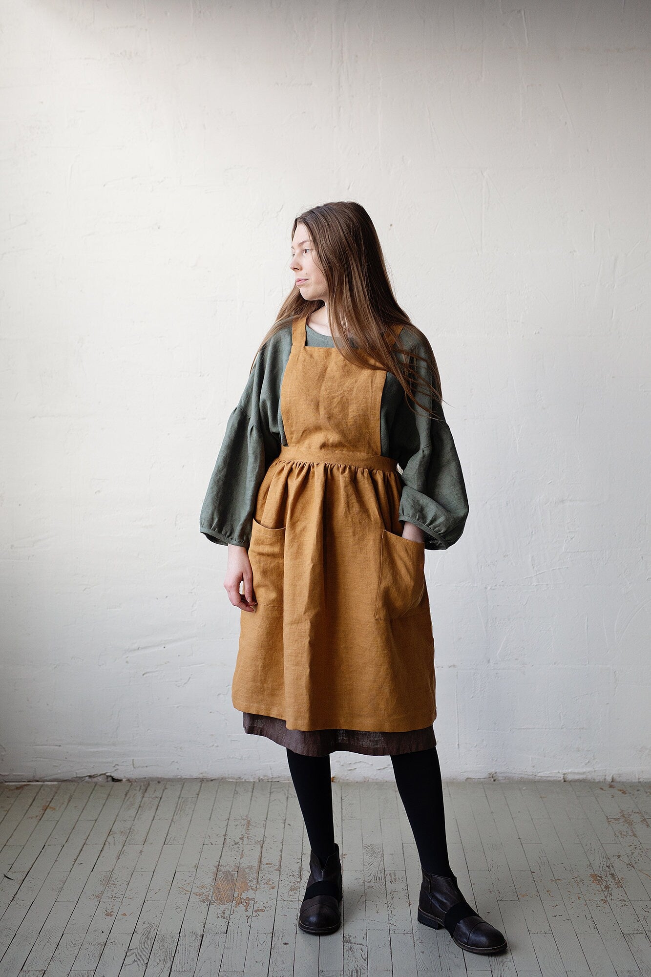 Mustard Midi Cross Back Linen Pinafore