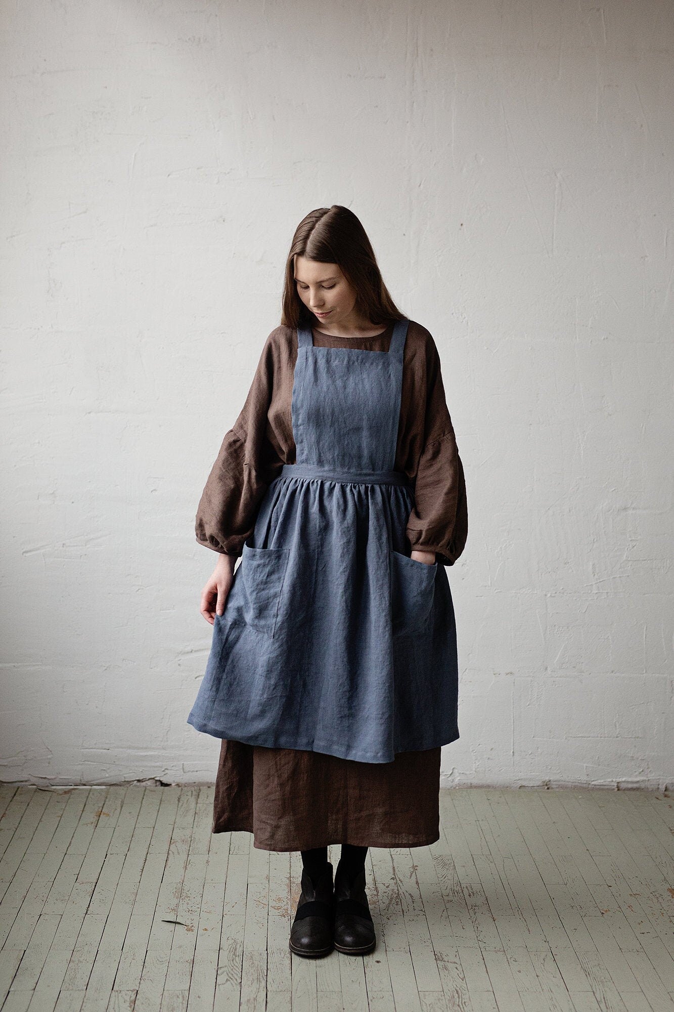 Dusty Blue Midi Cross Back Linen Pinafore