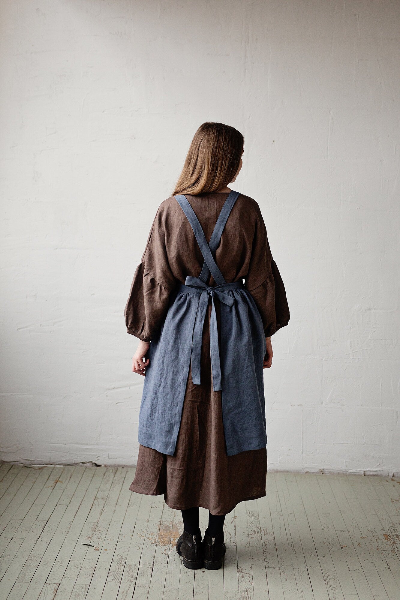 Dusty Blue Midi Cross Back Linen Pinafore
