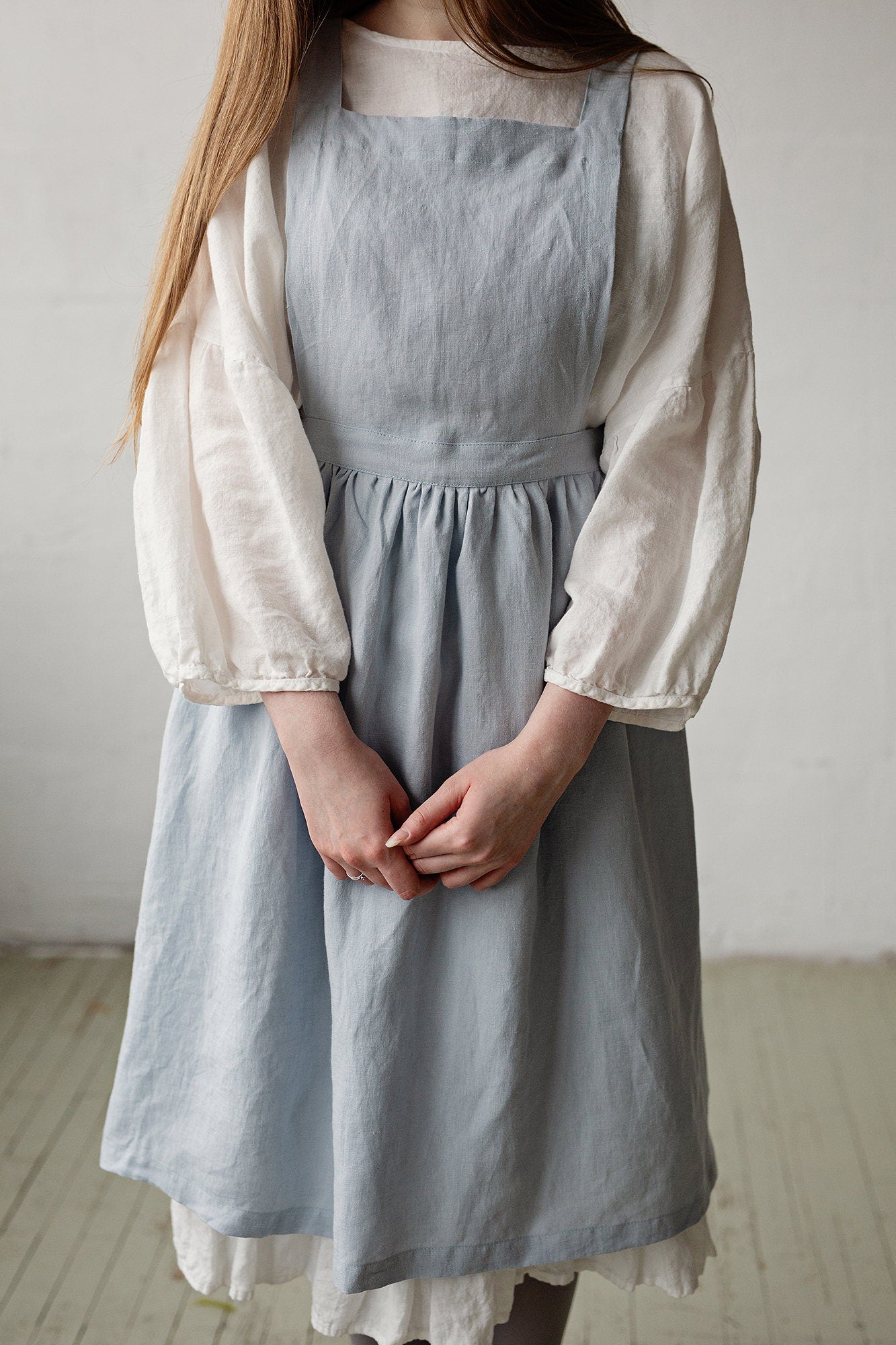 Baby Blue Midi Cross Back Linen Pinafore