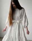 White Ruffle Kimono Linen Dress