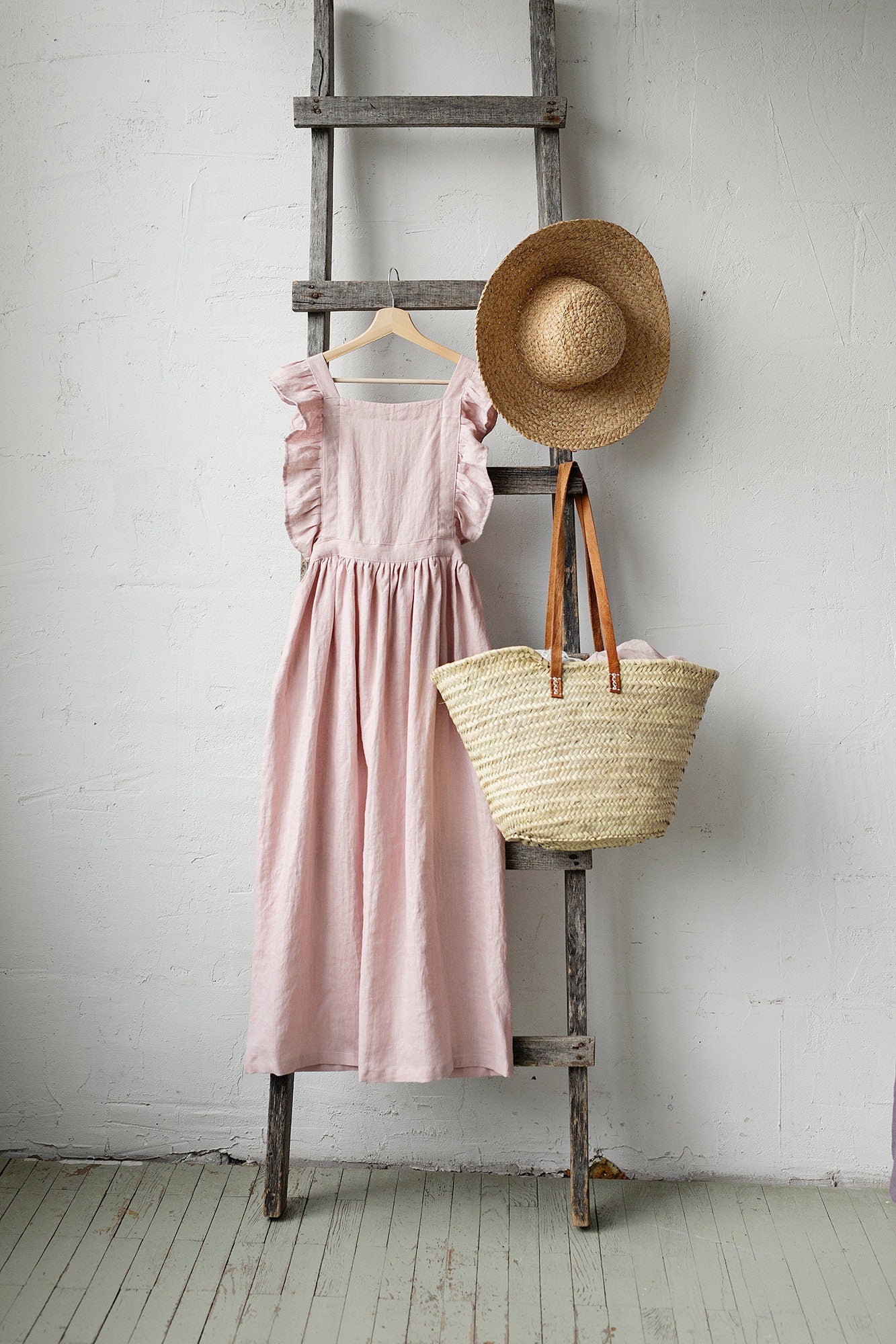 Baby Pink Long Vintage Linen Apron