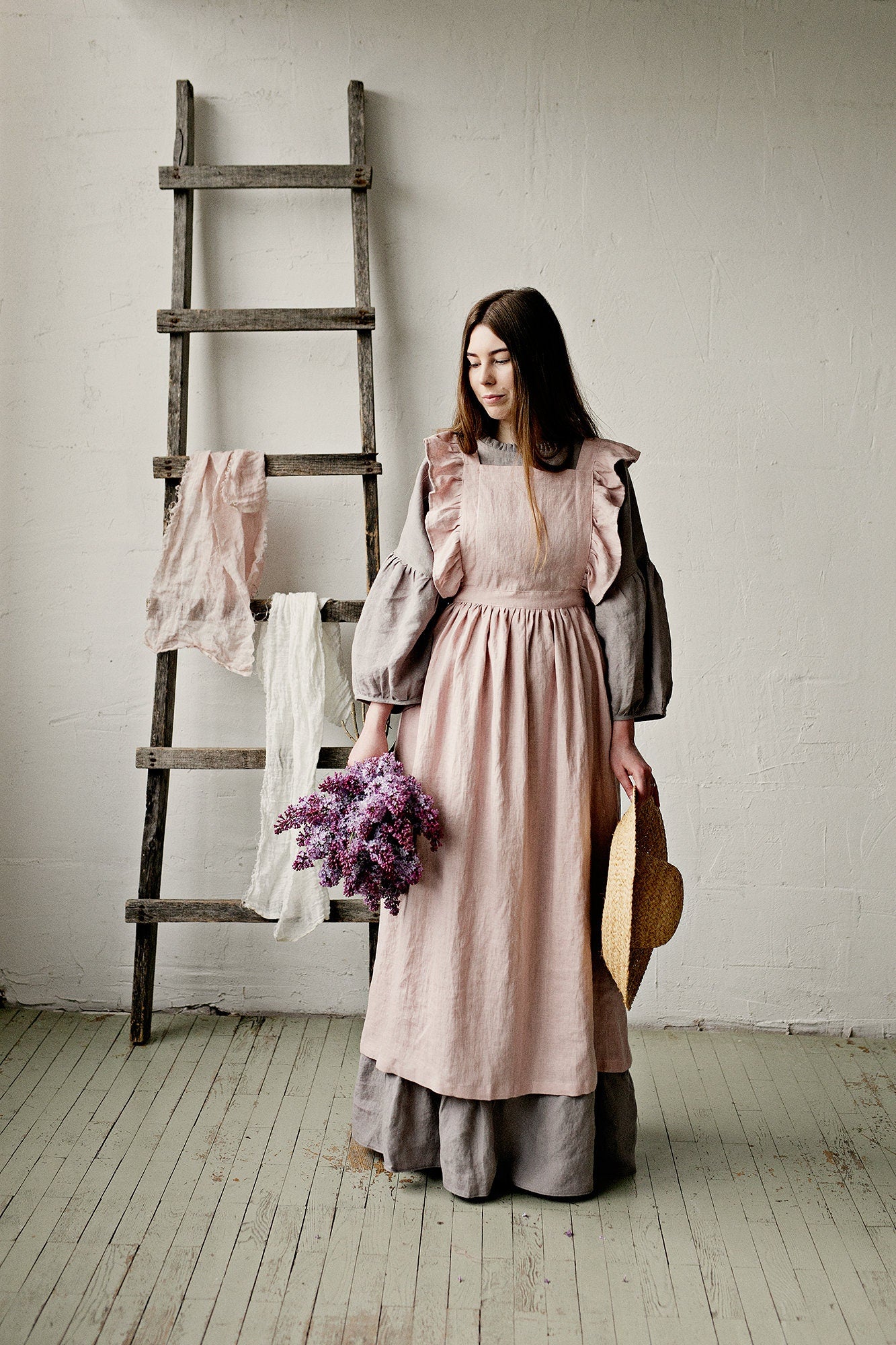 Baby Pink Long Vintage Linen Apron
