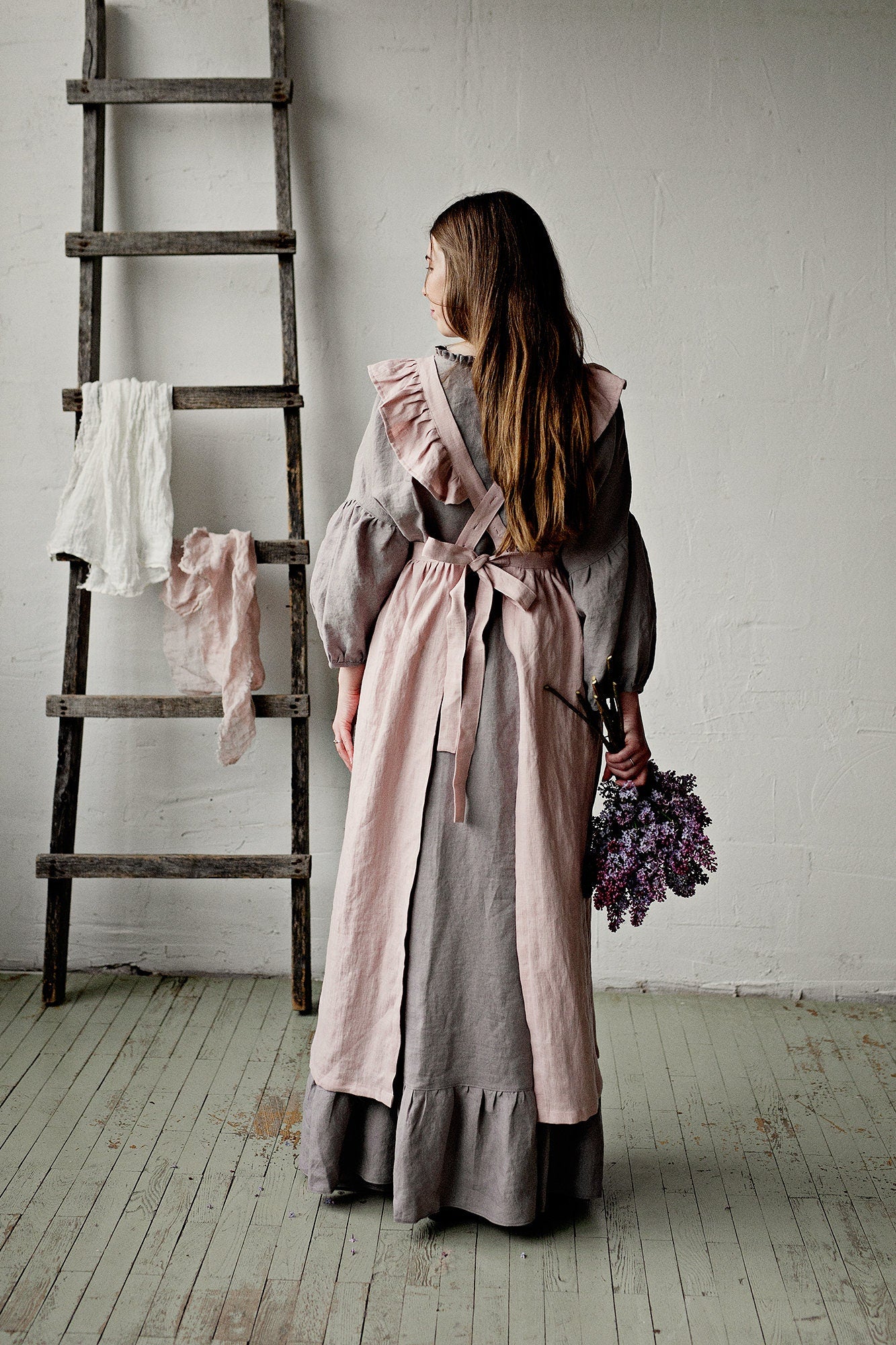 Baby Pink Long Vintage Linen Apron