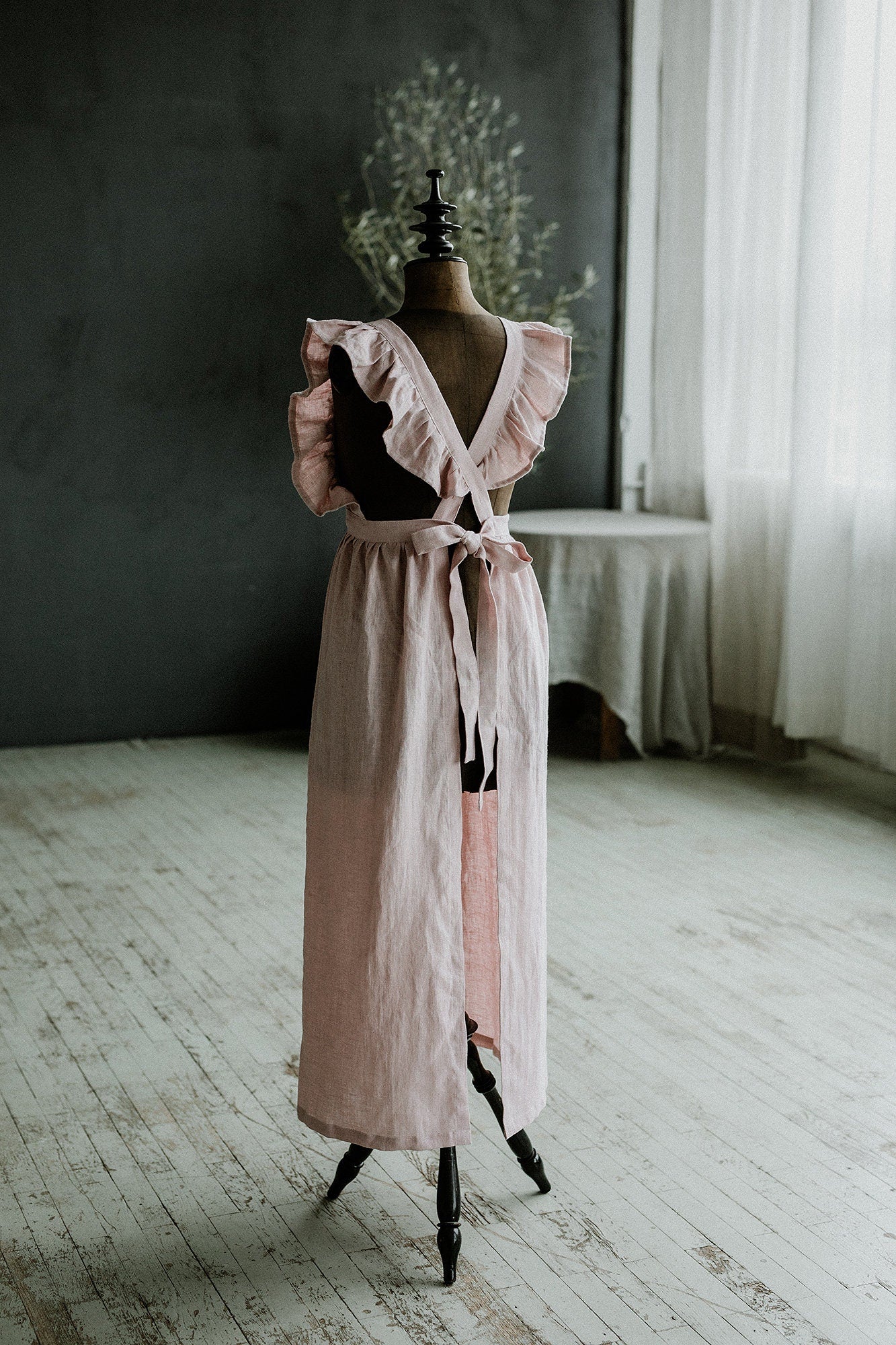 Baby Pink Long Vintage Linen Apron