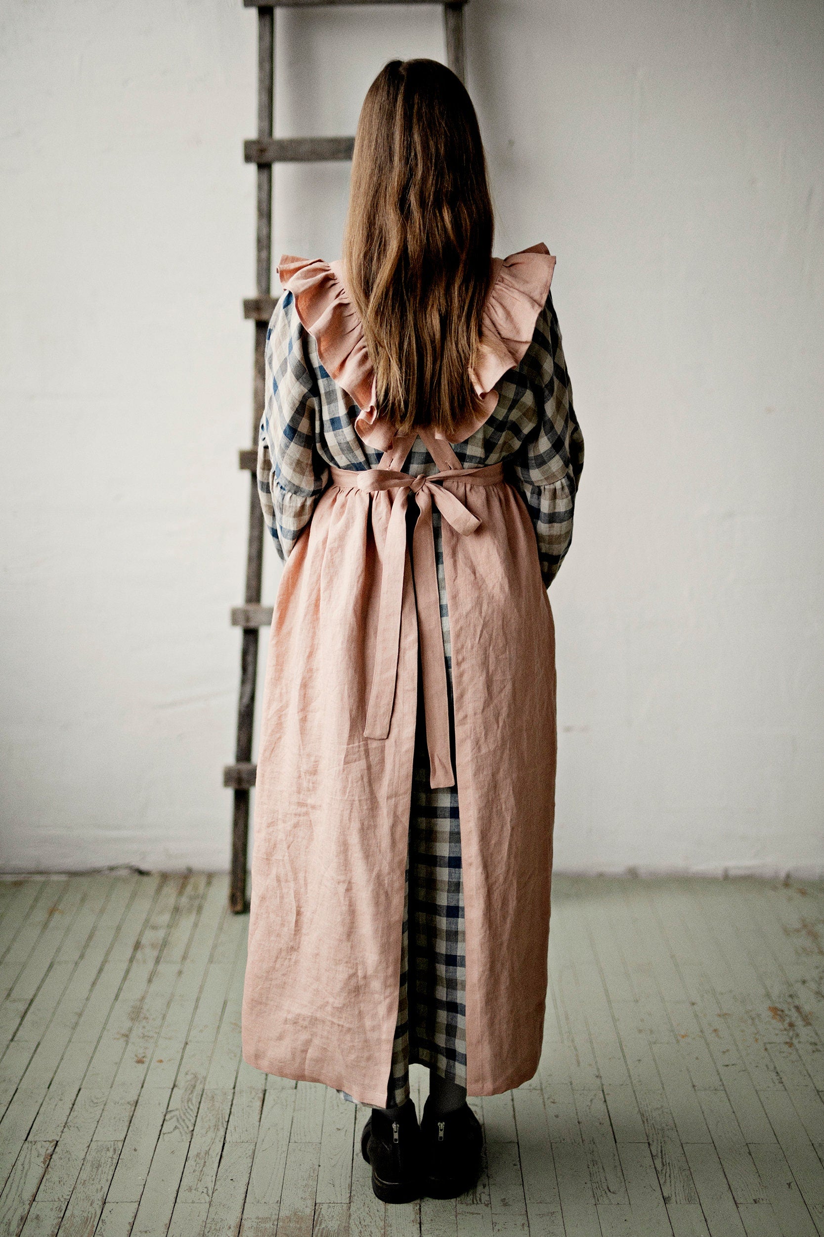 Dusty Rose Long Vintage Linen Apron