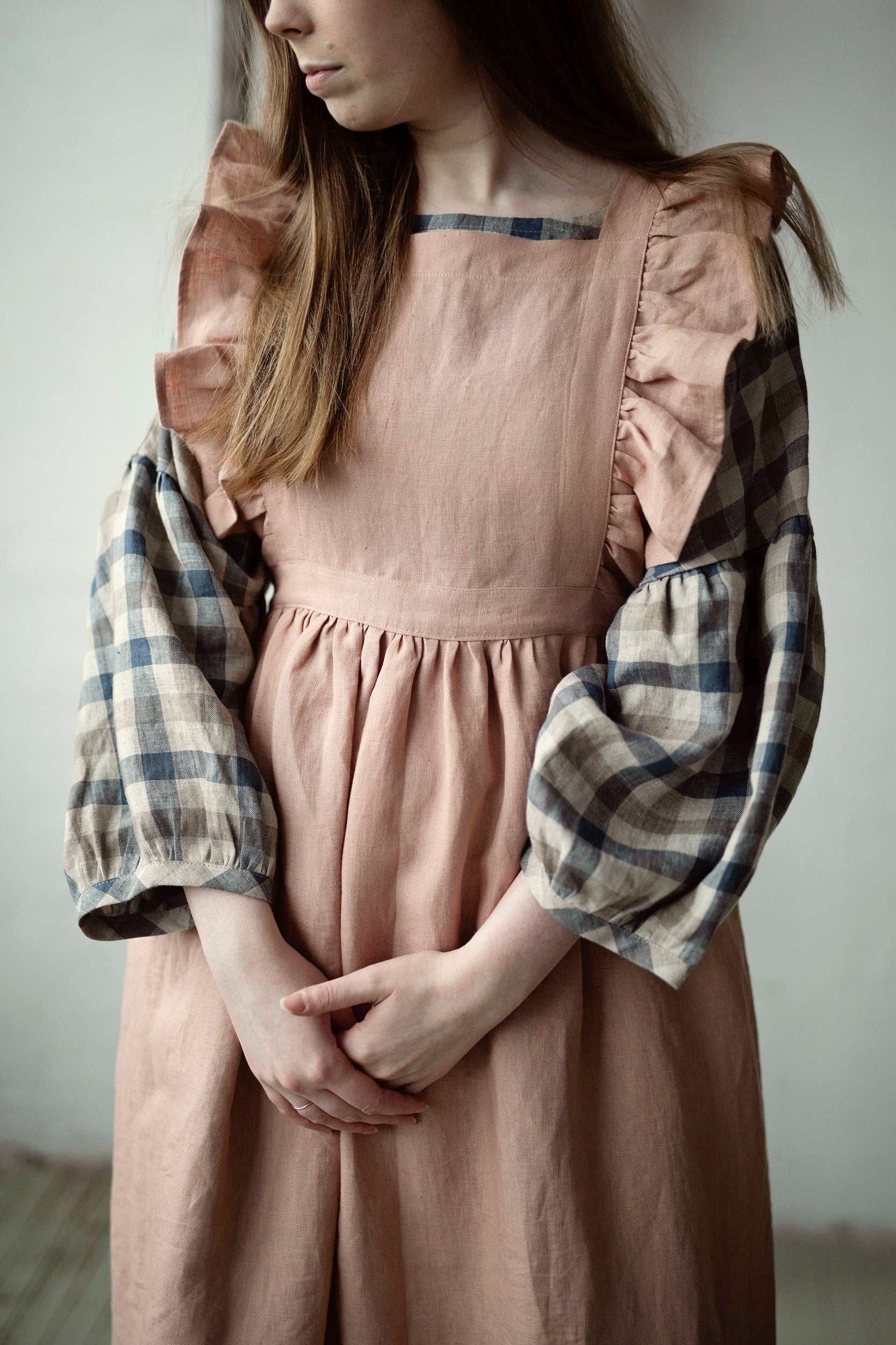 Dusty Rose Long Vintage Linen Apron