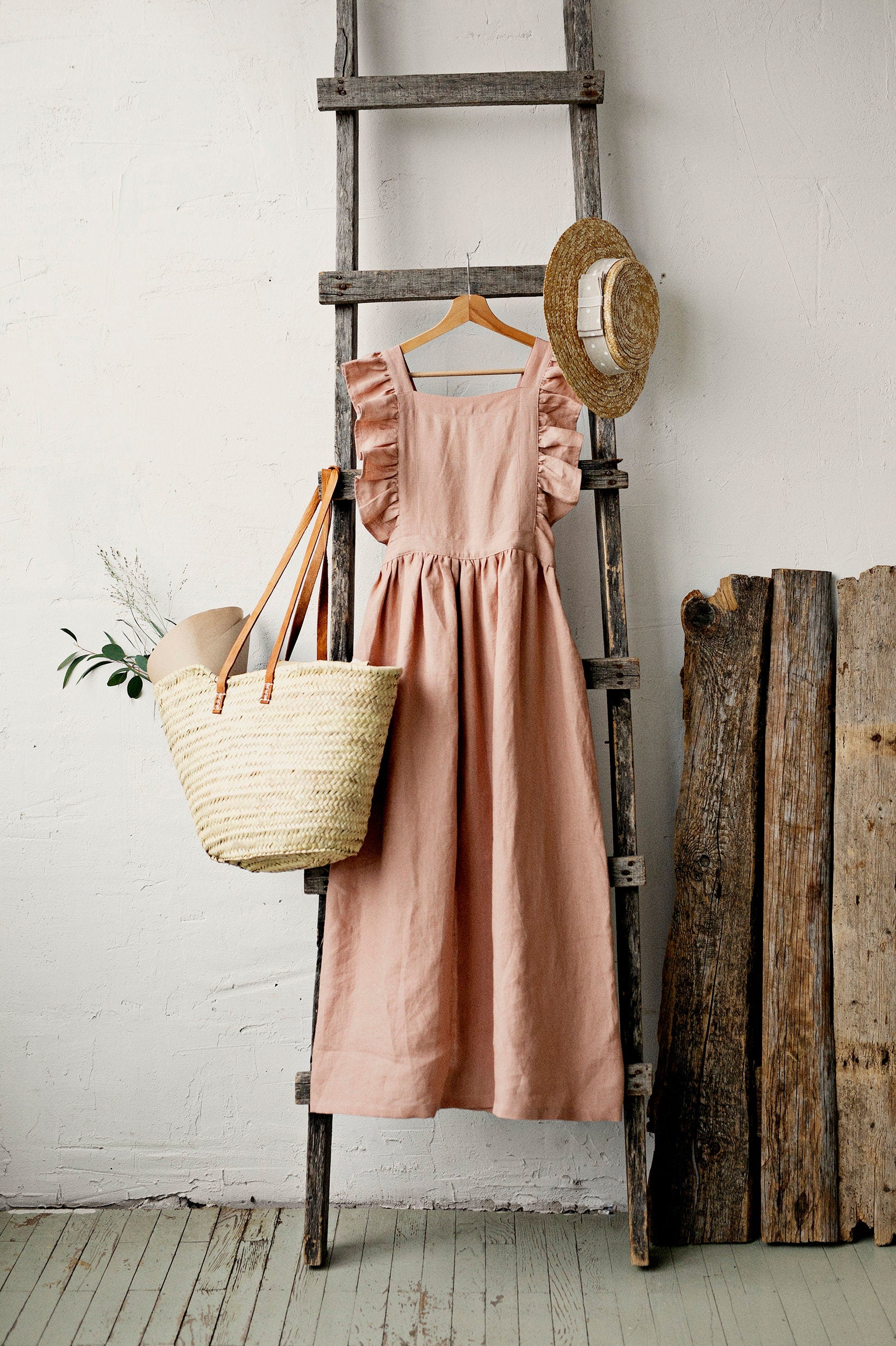 Dusty Rose Long Vintage Linen Apron