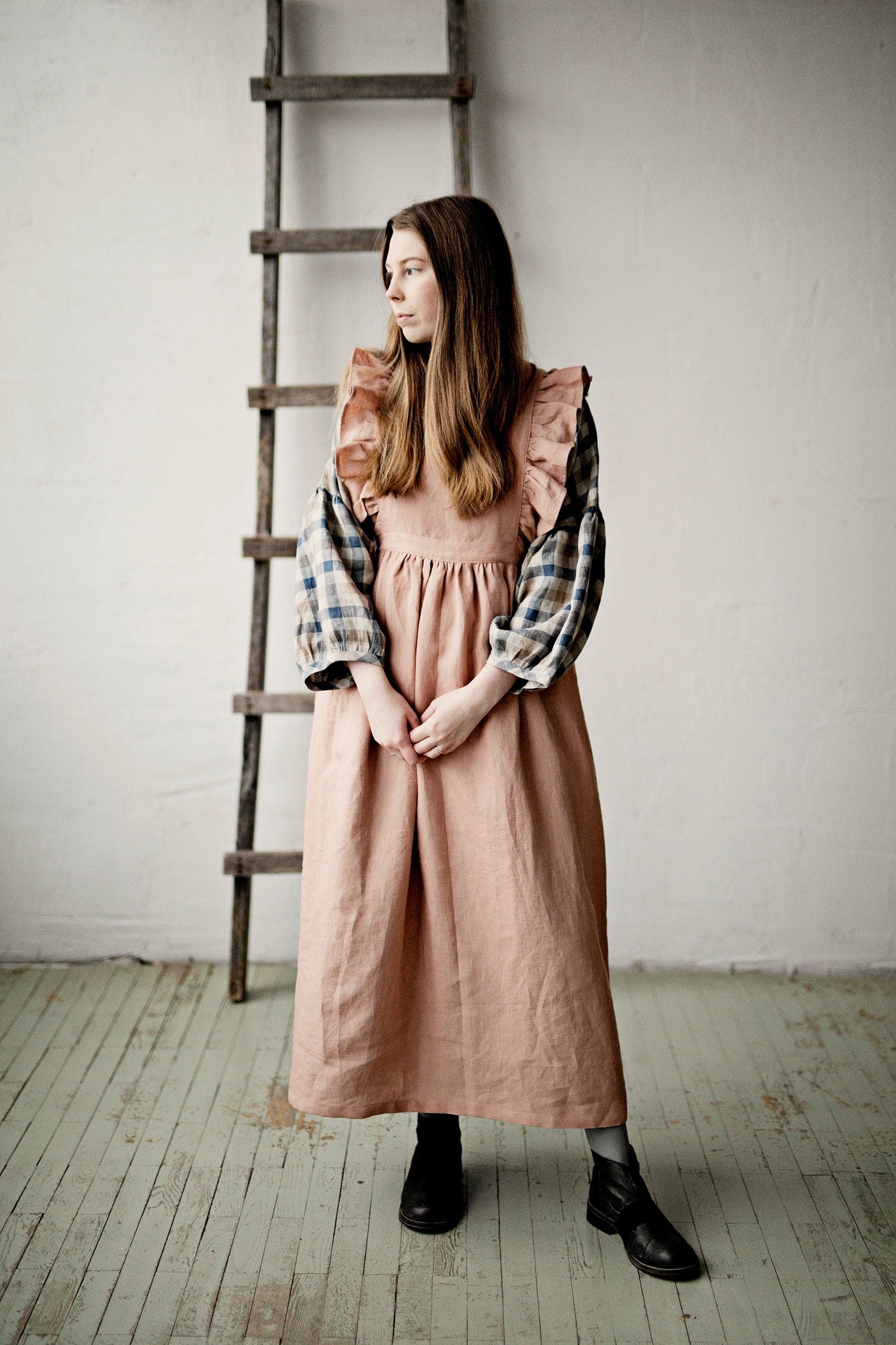 Dusty Rose Long Vintage Linen Apron