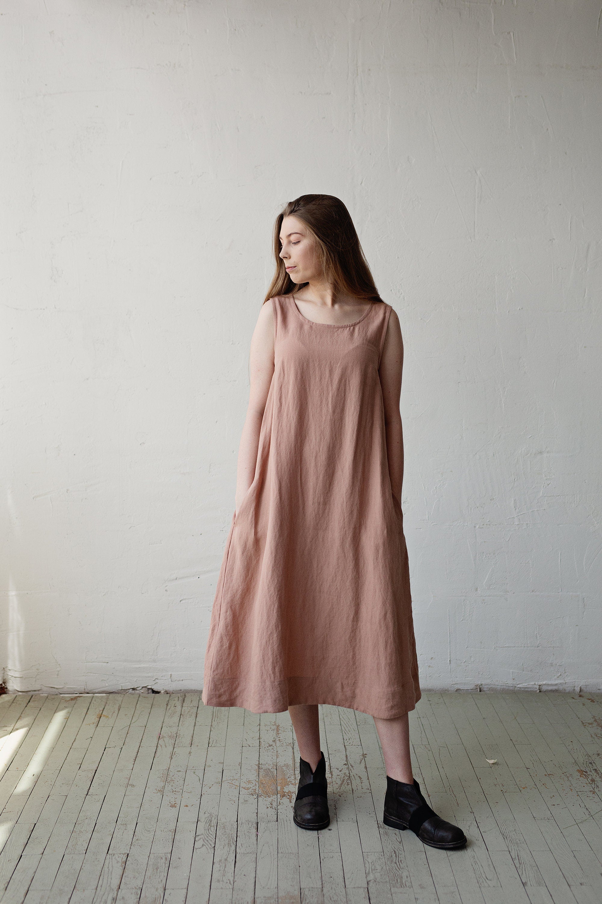 dusty rose linen dress Midi Linen dress HEIDI / Linen tie back dress / Dusty rose
