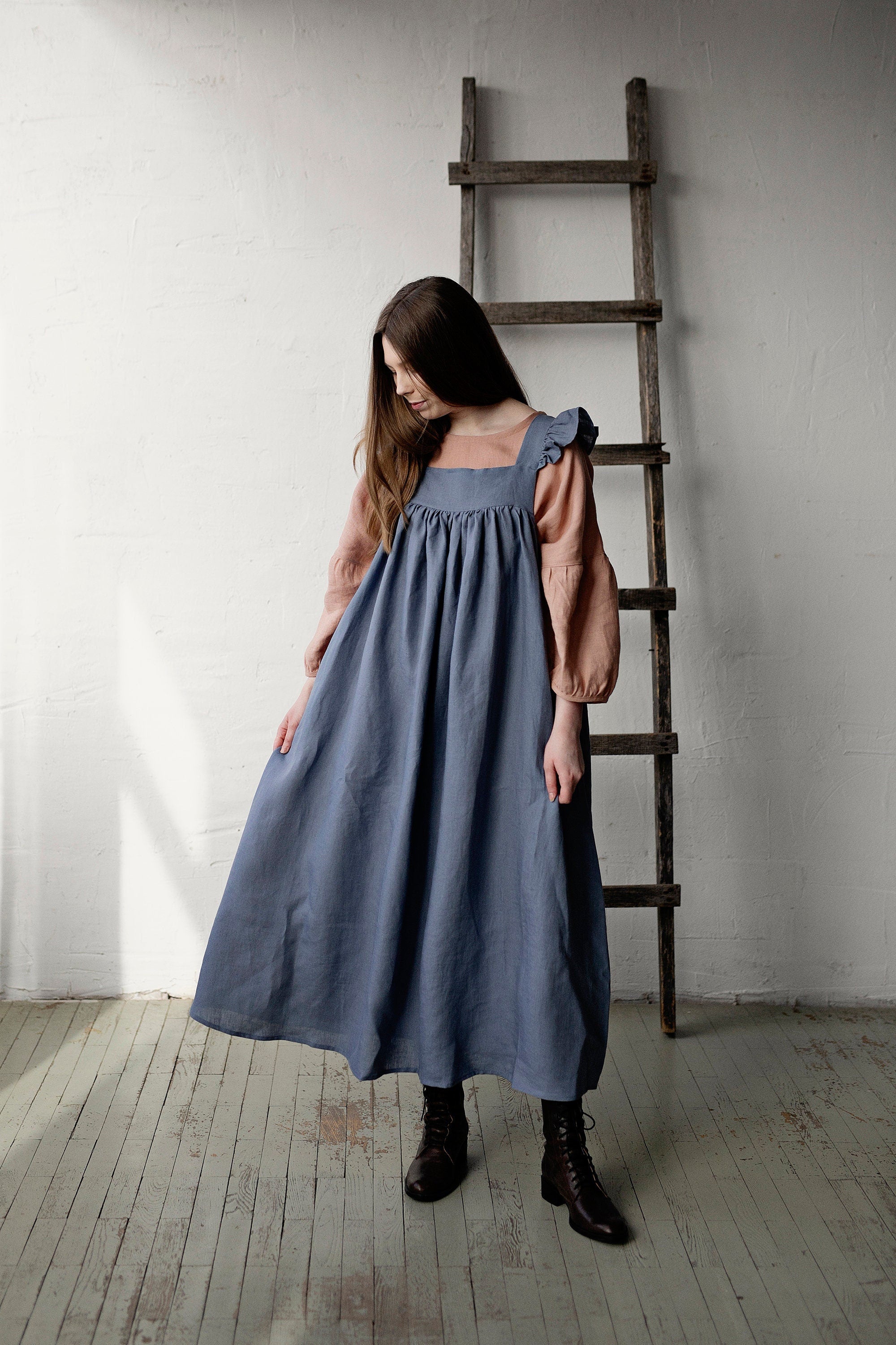 Dusty Blue Prairie Linen Dress allthebeautifullinen Dusty Blue Prairie Linen Dress allthebeautifullinen