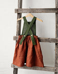 Rust & Forest Green Autumn Cross Back Linen Pinafore