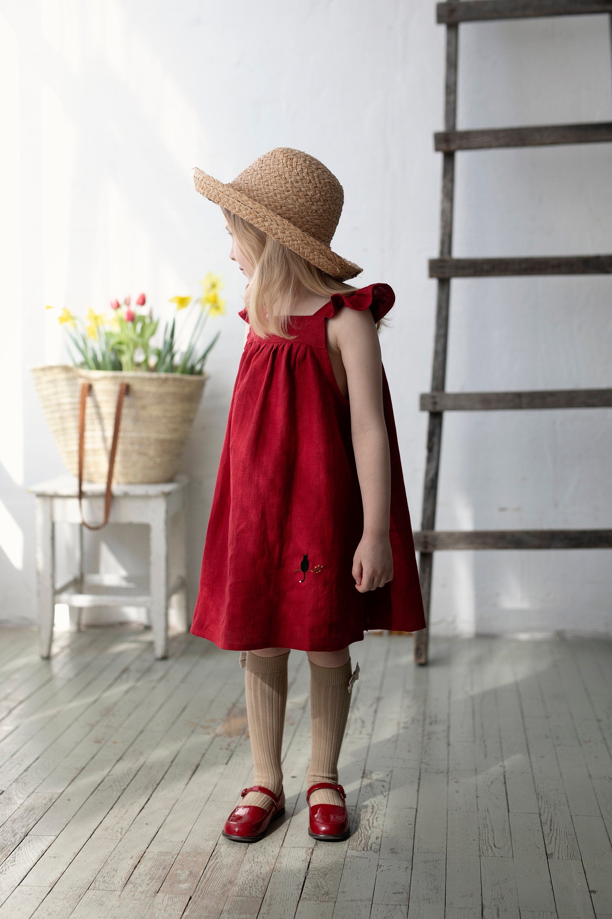 chinese dress ladies Cherry Linen Pinafore Linen Dress – allthebeautifullinen