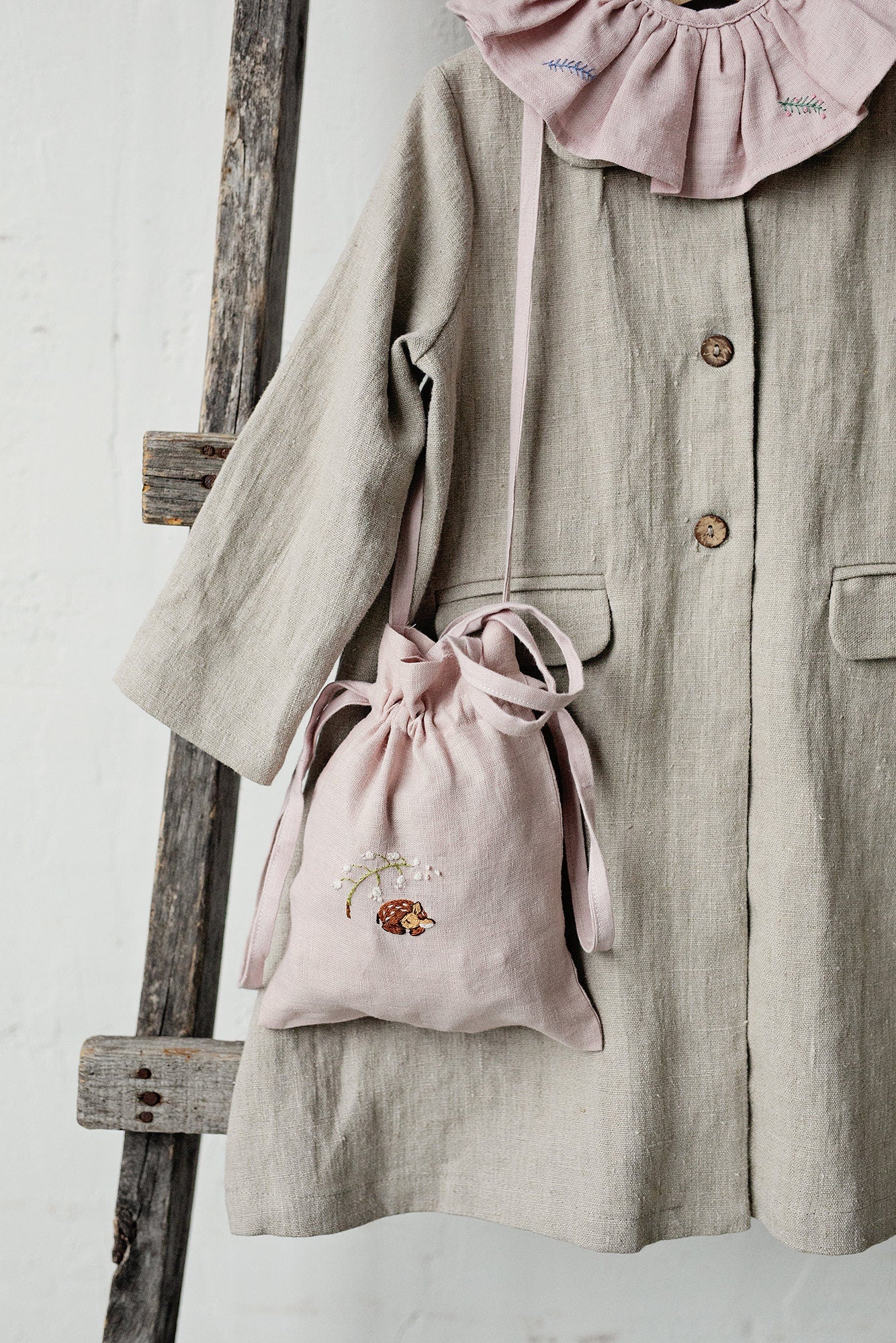 Fawn and Lily of the Valley Crossbody Linen Bag with Handles