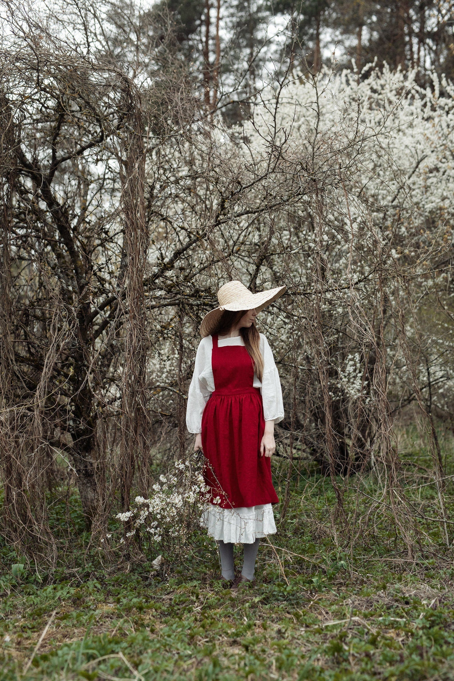 Cherry Midi Cross Back Linen Pinafore