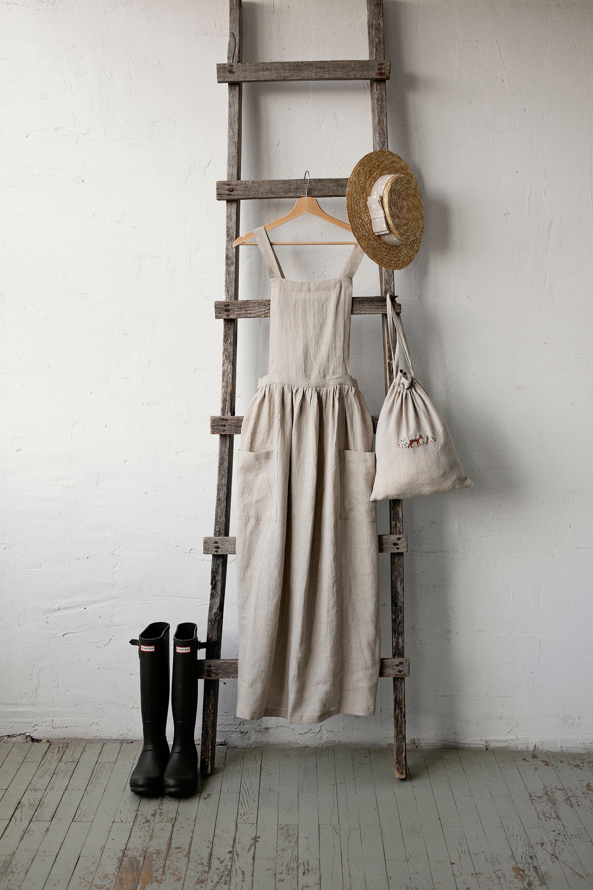 Natural Long Cross Back Linen Pinafore