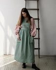 Mint Long Cross Back Linen Pinafore