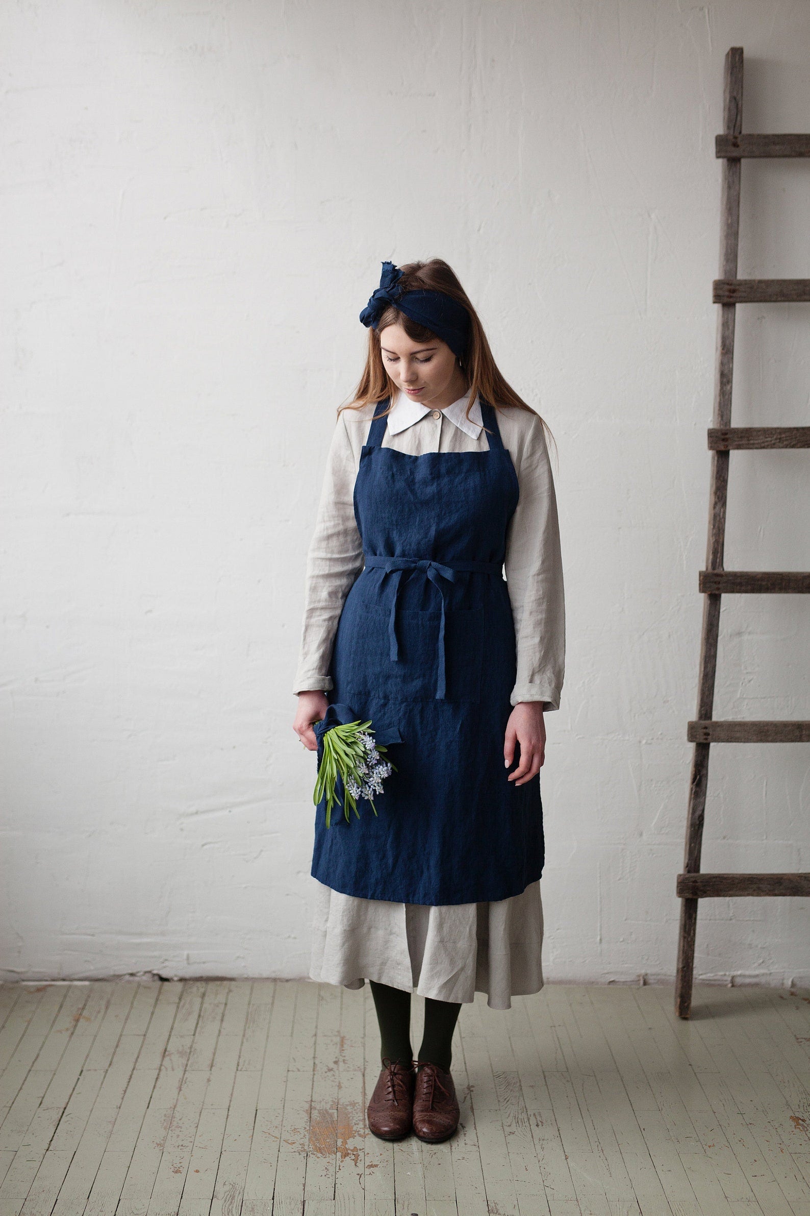 Navy Blue Traditional Linen Apron