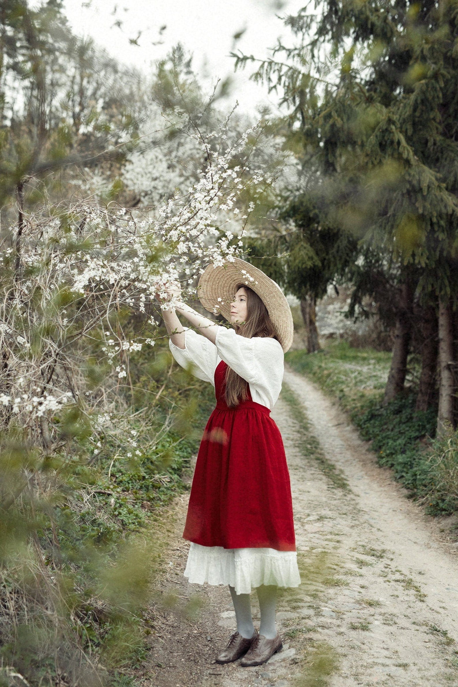 Cherry Midi Cross Back Linen Pinafore