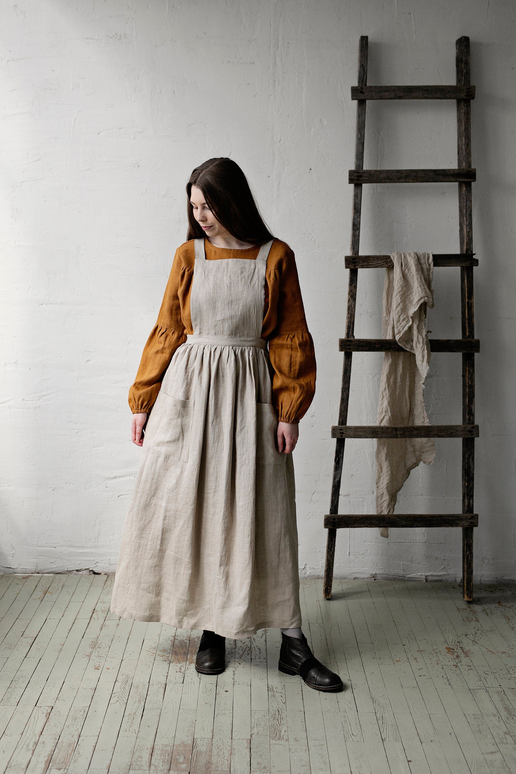Natural Long Cross Back Linen Pinafore