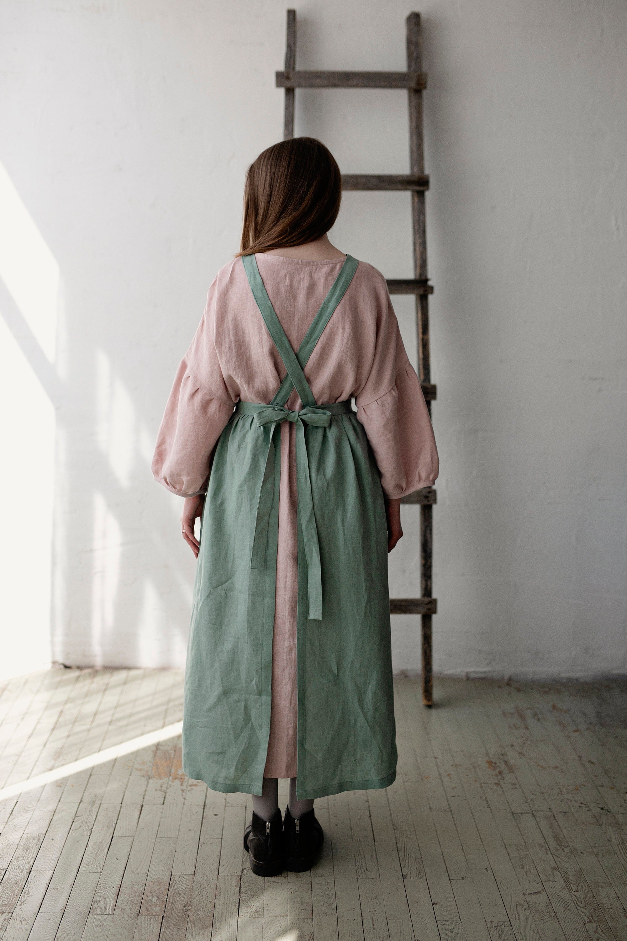 Mint Long Cross Back Linen Pinafore