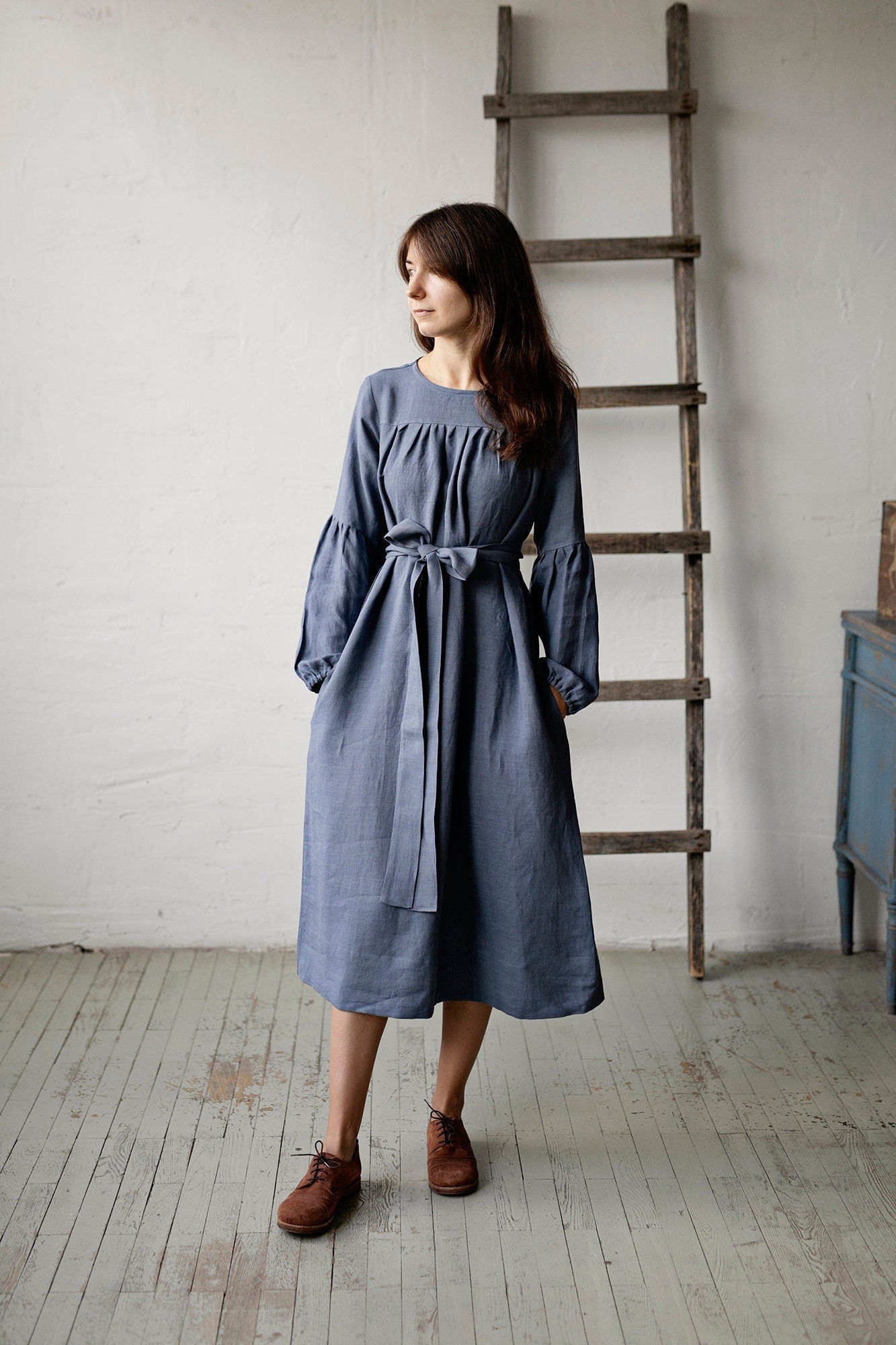 Dusty Blue Victorian Linen Dress allthebeautifullinen Dusty Blue Victorian Linen Dress allthebeautifullinen