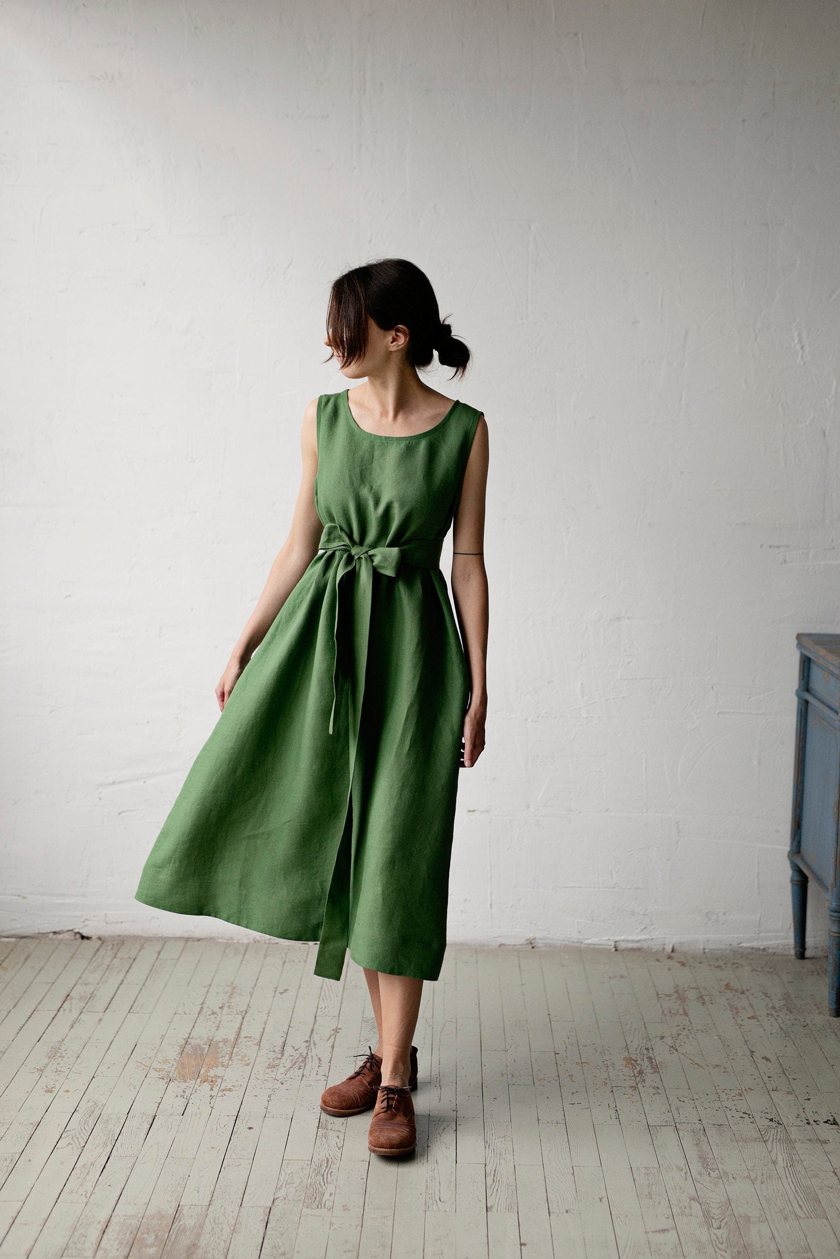 Apple Green Sleeveless Linen Dress allthebeautifullinen Apple Green Sleeveless Linen Dress allthebeautifullinen
