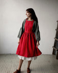 Red Polka Dot Festive Midi Cross Back Linen Pinafore