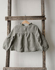 Green Gingham Short Ruffle Linen Tunic